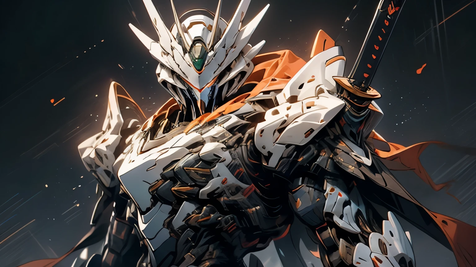 Gundam、 slender silhouette 、 slender、 back curve at the top 、 curved armor 、 The armored flap looks like a cloak、 The body color is black、 big sword 、海賊のGundam、