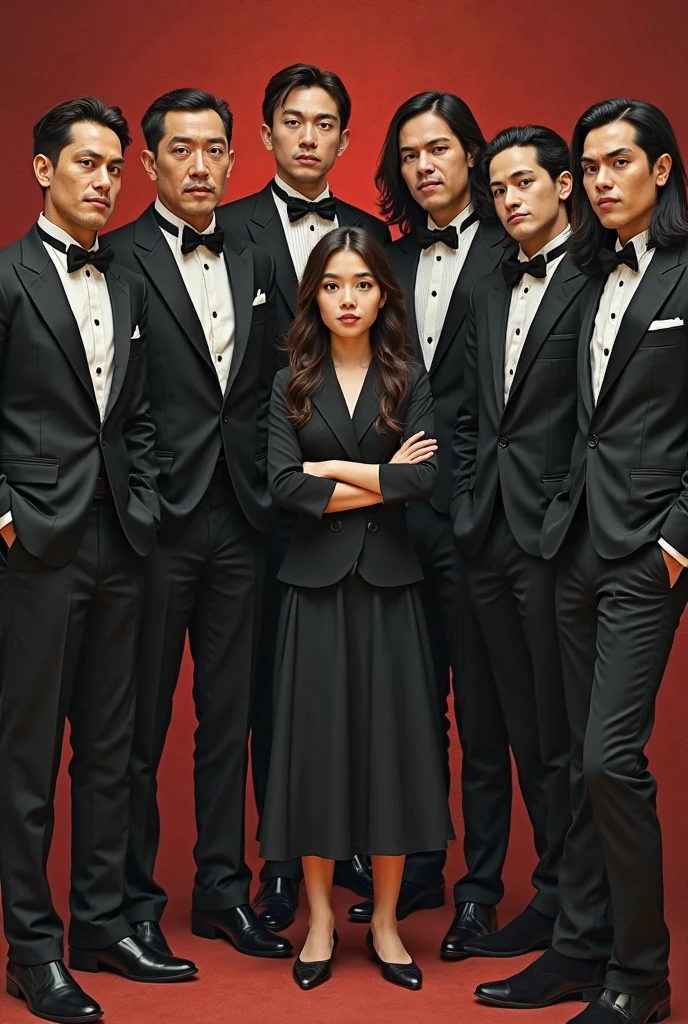 A portrait of a beautiful and handsome family with formal suits standing at night, mafia vibes, menacing expression, closeup, korean face, ultra realistic, black plain background.