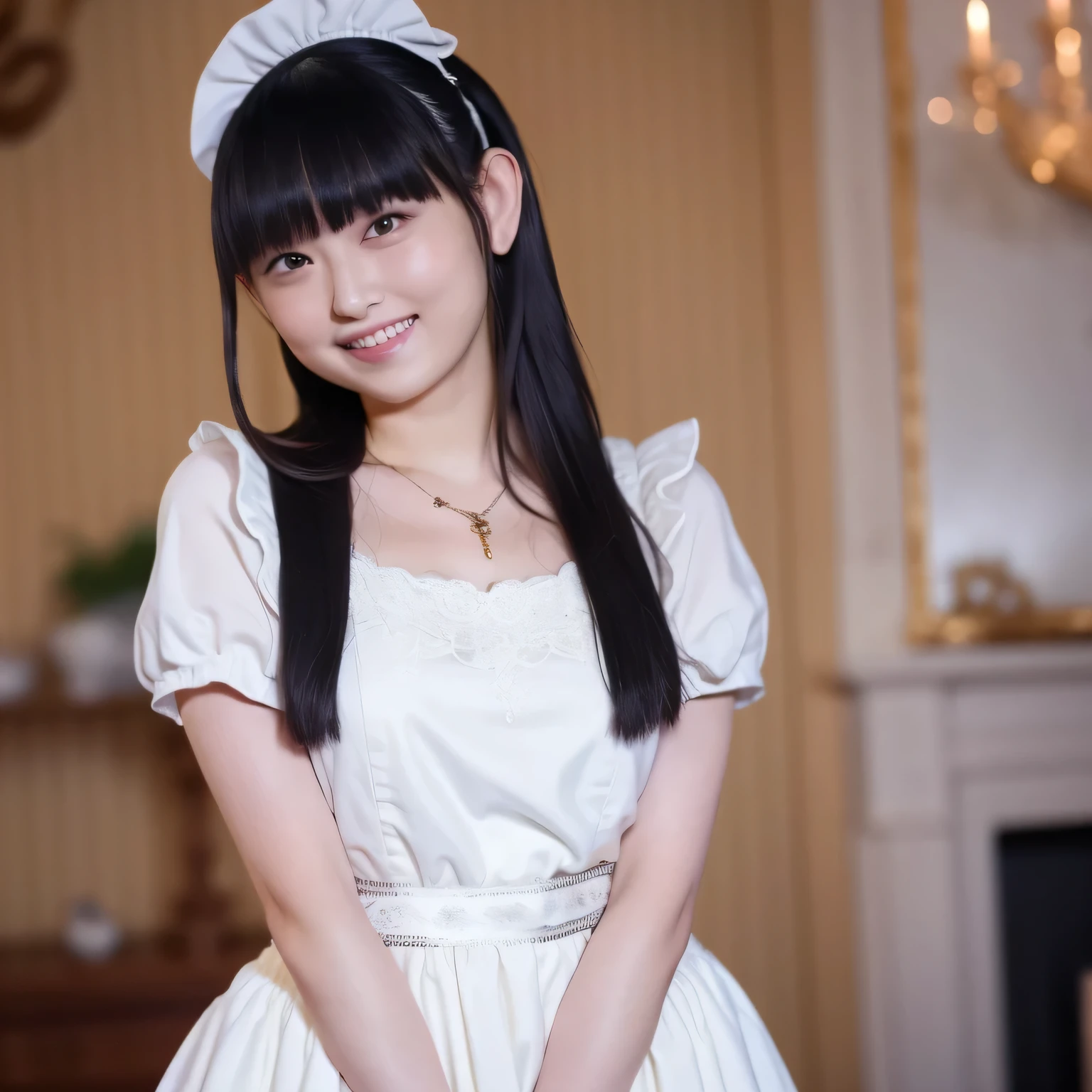 A breathtakingly beautiful 20-year-old woman stands in an opulent mansion room, dressed in a classic black-and-white maid outfit with a short hem and a white brim cap. Her confident smile radiates warmth. The room features elegant furnishings and decor befitting a grand estate, bathed in soft, natural lighting that enhances the sophisticated ambiance. Dark hair, long hair, dark eyes.