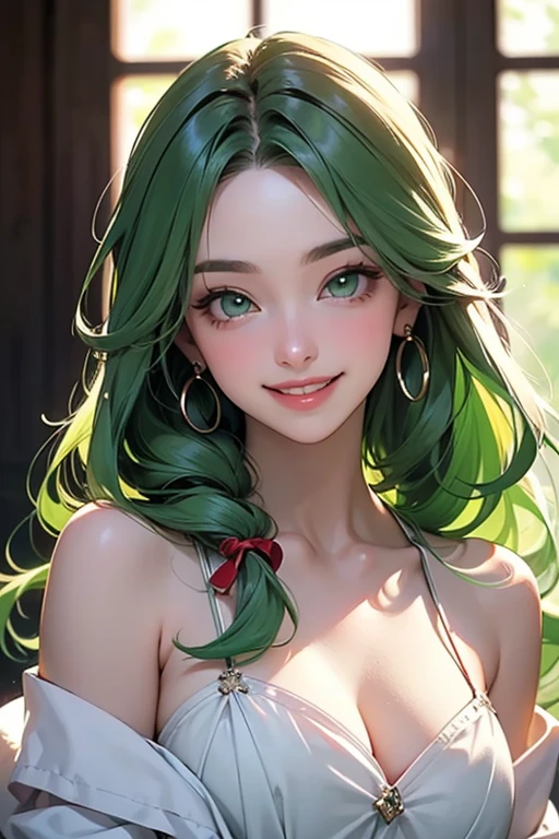 1girl, bangs, bare shoulders, blush, braid, breasts, choker, cleavage, closed mouth, collarbone, crop top, earrings, eyebrows visible through hair, green hair, hair ornament, jewelry, long hair, looking at viewer, medium breasts, midriff, navel, simple background, smile, solo, virtual youtuber, white background