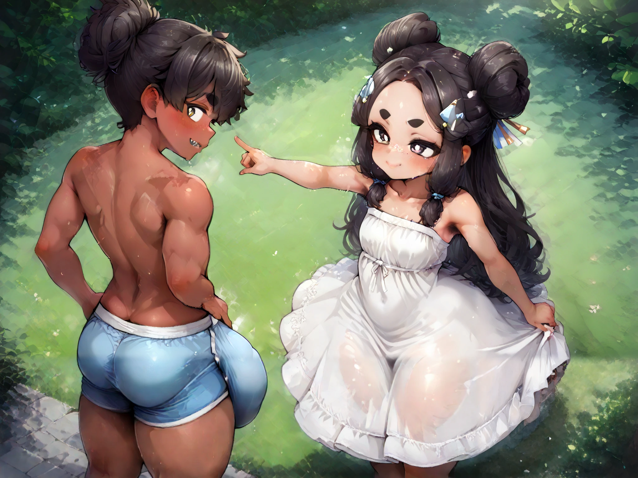 (masterpiece), best quality, (highly detailed), 1girl (rag dress) , 1boy (hyper crotch bulge), gigantic bulge:1.4, short boy, ponytais girl, choth underwear, lines around the eyes, glare eyes, moist eyes, freckled cheeks, red cheeks, feathered bangs, hair cuticle, Thick eyebrows, freckles, ((girl pointing boy's crotch 1.6)) movement ,the underwear he wears show a big cock. meat rod, enormous cock:1.2 , giant huge testicle, primate, mouth, ((lose-tooth)) , hair ornament, dark hair, spiked-up long hair, Straight Layered Hair, sidelocks, eyelashes, perfect bright eyes, natural beauty, slim male, slim female, feminine growth, shy, big lips, underarm, (armpits poses), armpit hair, (plain), collarbone, bare shoulders, natural hairstyles, hyper gluteus, bubble butt, dick focus, updo hairstyle, upper body, legs, perfect thighs from above, anthropoid ((ANATOMICALLY correct)), from behind navel, Surrealism, nature, 1male, 1female, from behind, huge ass, smug,