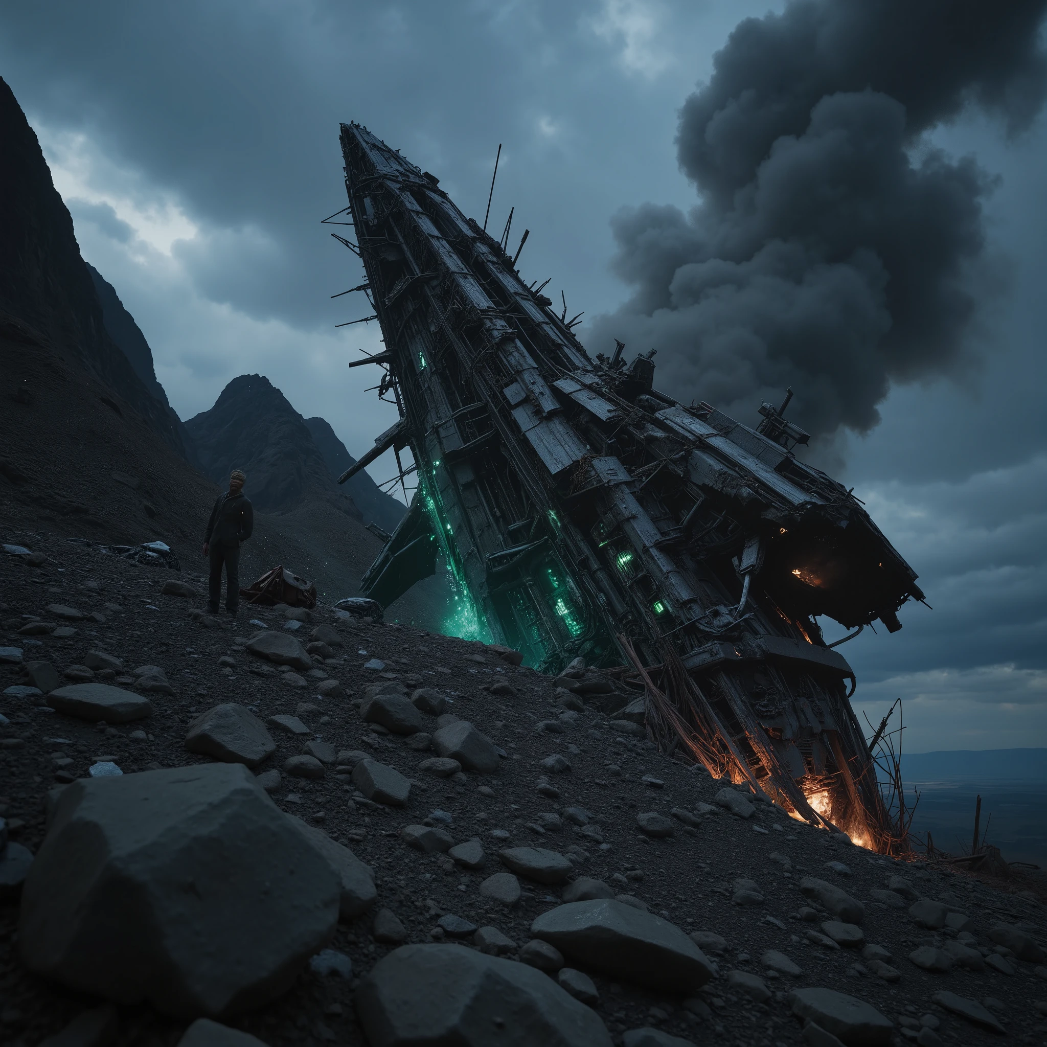 Masterpiece apocalyptic sci-fi photo, photorealistic low angle view of a splintered wreck of a bizarre alien starship crashed down onto a dark barren alien planet and broken into a chaos of menacingly towering metal scrap on a sharp-edged rocky ridge under a stormy nightsky, crumbled metal structures with intricate technical patterns, some green flames and electric sparks between the ruins of the ship, thick clouds of black smoke rising out of the wreck. ((((highly detailed)))), UHD, 16K