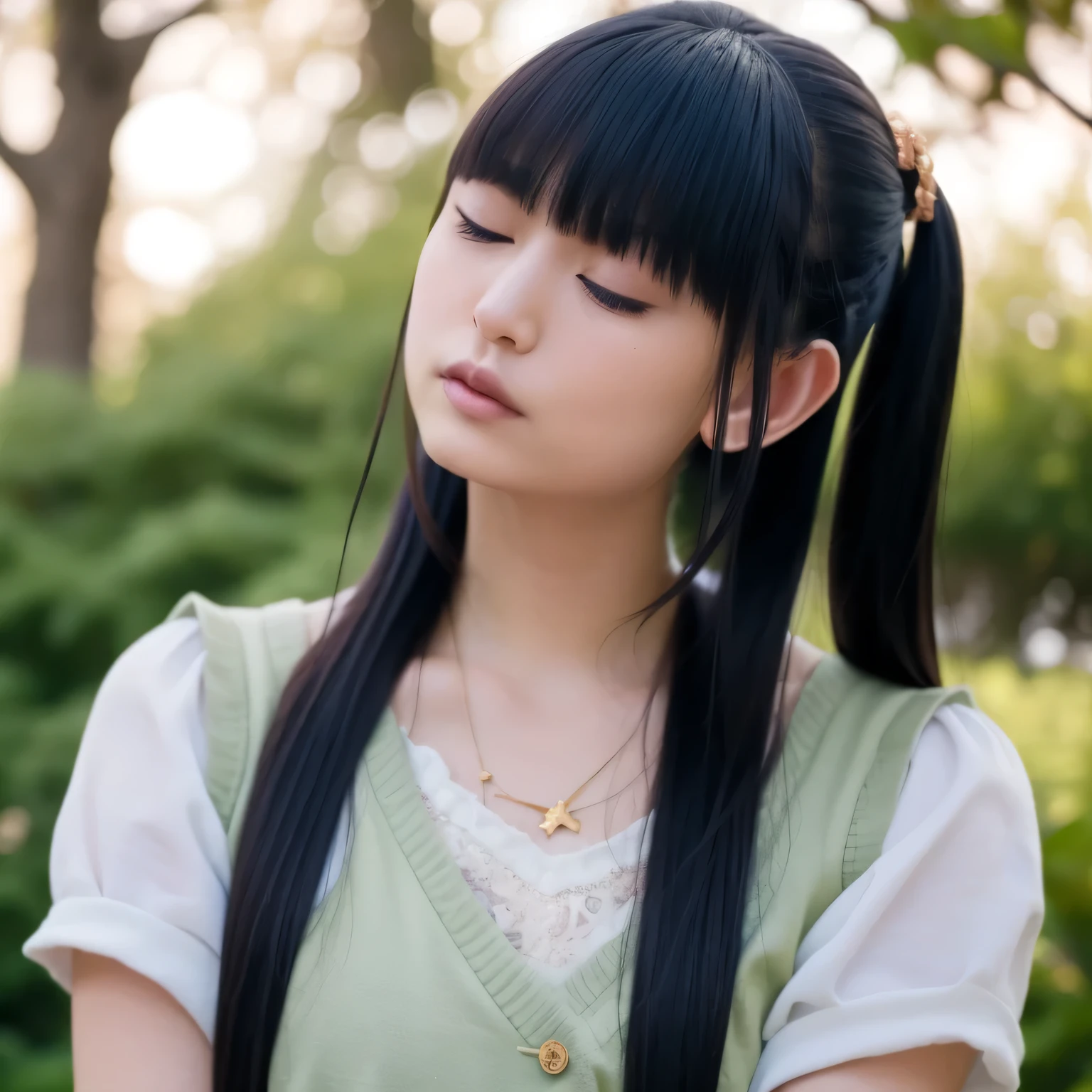 A breathtakingly beautiful 20-year-old woman stands in a lush green park at sunset, bathed in the warm golden light of the evening sun. Facing forward, her eyes gently closed, cheeks slightly flushed, and her face tilted upward as if anticipating a kiss, she embodies serenity and romance. The soft hues of the sunset complement the tranquil surroundings, enriching the dreamy atmosphere. Dark hair, long hair, dark eyes.