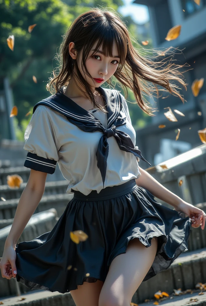 (masterpiece:1.3), (8K、photorealistic, Raw photo, best quality:1.2), (solo), (1 girl), (so beautiful:1.3), ((very beautiful 18 year old japanese girl)), (Symmetrical perfect face), (beautiful brown hair, bangs), hair is messy, (intense black eyes, strong eye highlights, realistic eyes, beautiful eyelashes), (wonderful smile, cheeks are red), (Accurate and natural normal size breasts), perfect anatomy, (high detail skin: 1.2), Photorealistic anime girl rendering, Realistic anime 3d style, dynamic angle, perfect body, (sailor suit), ((white short-sleeved shirt with a navy collar, girls high school uniform, Plain pleated skirt in dark blue, navy blue bow tie, white knee socks, black leather shoes)), (Luxury white silk bra and panties), accurate arm, five fingers, accurate legs, refreshing morning, (Beautiful Landscape Background), (Outdoor stairs in plateau tourist destination), (Angle looking up from the bottom of the stairs), ((angle from behind)), Very embarrassed, panic smile, turn around, leaning forward, ((The wind flipped my skirt and exposed my butt...................., think back, silk lace panties, shiny thighs)), volume lighting, soft light, bright, neon, Bright colors