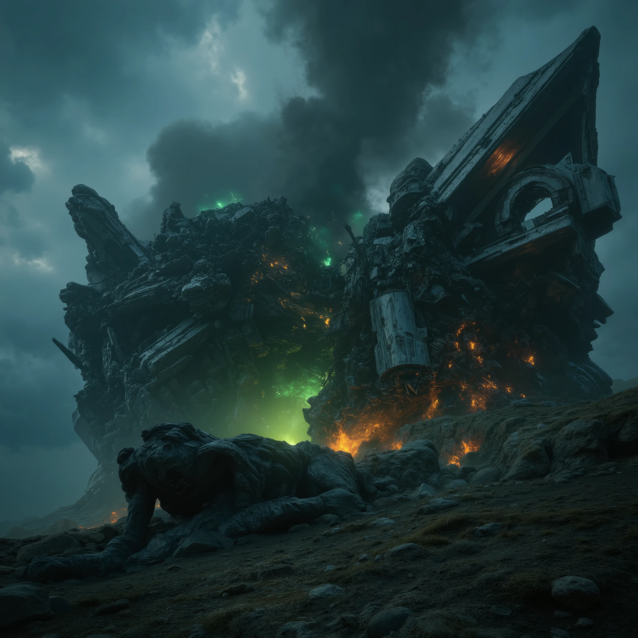Masterpiece apocalyptic sci-fi photo, photorealistic low angle view of a splintered wreck of a bizarre alien starship crashed down onto a dark barren alien planet and broken into a chaos of menacingly towering metal scrap on a sharp-edged rocky ridge under a stormy nightsky, crumbled metal structures with intricate technical patterns, some green flames and electric sparks between the ruins of the ship, thick clouds of black smoke rising out of the wreck. ((((highly detailed)))), UHD, 16K