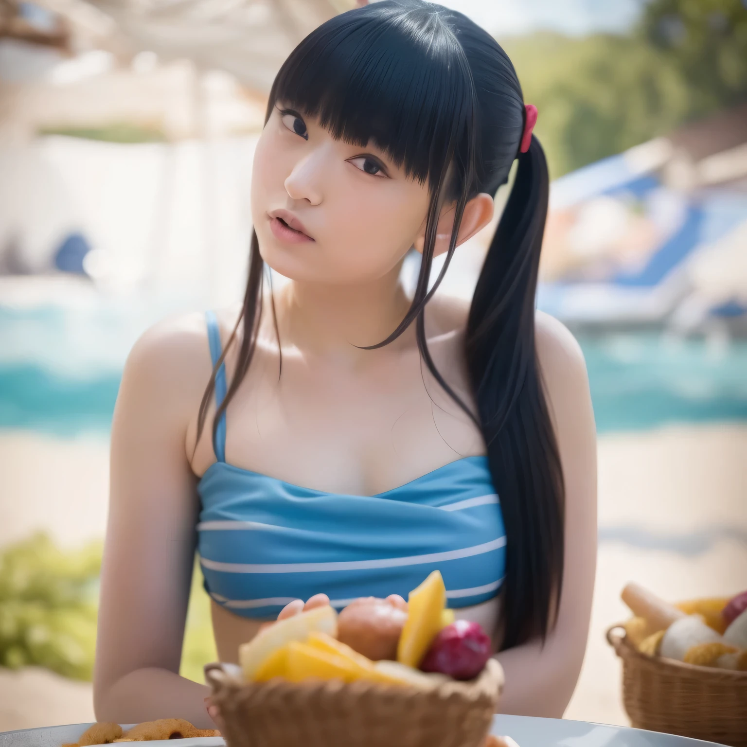A breathtakingly beautiful young woman is depicted from the waist up, wearing a blue bikini swimsuit. She holds a thick sausage on a skewer with both hands, taking a delicate bite. Her shy blush adds a touch of innocence and subtle vulnerability, capturing a candid and endearing moment. The beach setting enhances the scene with its soft, natural light, creating a warm and immersive atmosphere. Dark hair, long hair, dark eyes.
