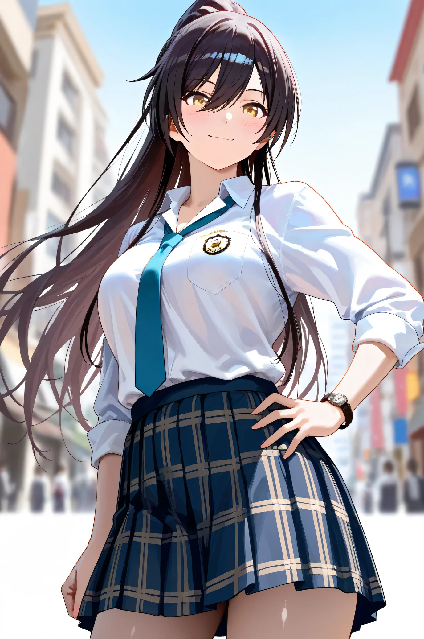 (Masterpiece:1.2), (Highest quality:1.1), (Very detailed),
(The best shape), (Best shadow), (Absurd),
(Detailed Background), (So beautiful), Shiny,
Beautiful eyes in every detail, Extraordinary, Countershading, 8k, 32K, High resolution,
Very Detailed CG, UHD,
Score_9, Score_8_up, Score_7_up, Source_anime,
(Pastel painting:1.2), (Watercolor painting:1.2),
(Masterpiece, Detailed:1.2), (Foreshortening:1.4),
Cinematic, Dramatic, (Depth of field:1.4),
(Blurry background:1.4), (Realistic background:1.4),
1 girl, Solo, Dynamic angle, from below,
Japan, Big city, Outdoor, Street, Wind,
Shirase Sakuya,
The idolmaster shiny colors,
srssky, very long hair, black hair, high ponytail, bangs, hair between eyes, yellow eyes, (large breasts:0.5),
School uniform,
Shirt, Collared shirt, White shirt, Light blue tie,
(Shirt hem out:1.1, DogTag,
(Blush:1.3),
Cowboy shot, Focus on face,
Smile, Put one left hand on hips,
Realistic skin, Shiny skin,