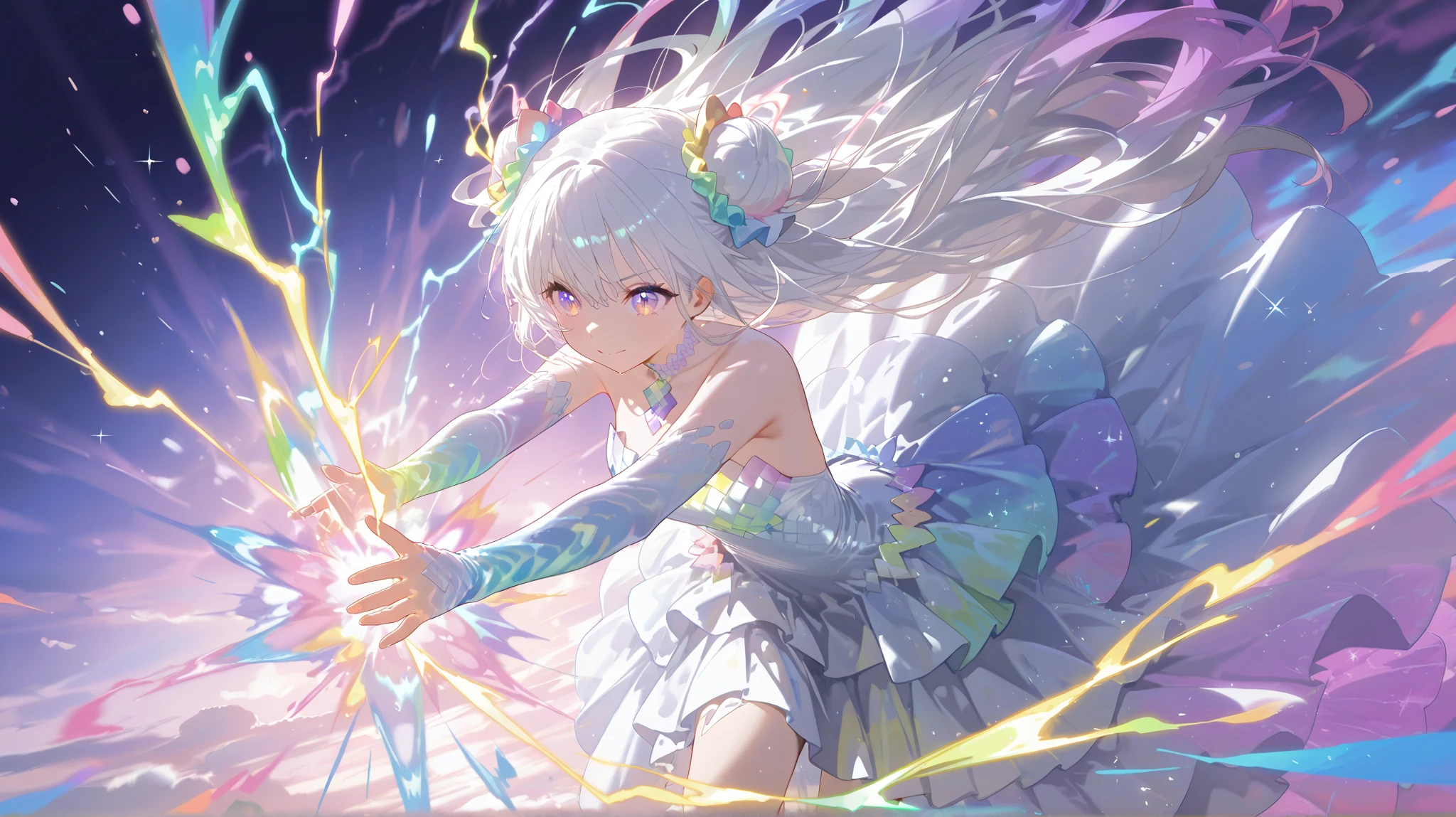 Absard Dress, high resolution, Super Detail, high resolution, masterpiece, Highly Detailed Face and Eyes, Dragon Knight , Colorful white hair , , Alone,  male, handsome, , , Epic Battle Scenes, colorful water splash effect, colorful lightning effects ,Shining Sparkle