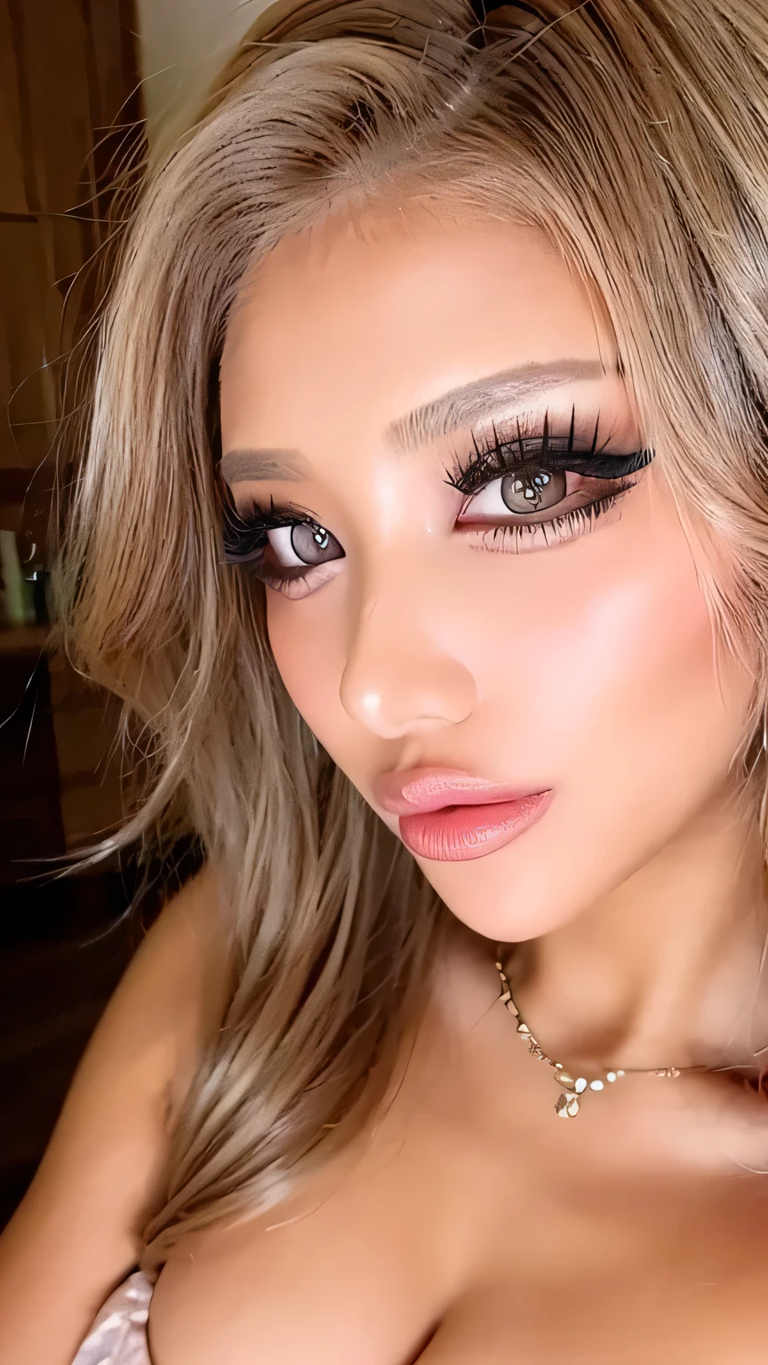 ((最 high quality ,masterpiece, high quality )) 16k、gravure ,Xiaoyang, 最 high quality , shape, Extremely detailed BeautifulBig Breasts, high image quality, 8k ,wallpaper, perfect dynamic structural shape, duck mouthにセクシーな唇 、shine glitter lip gloss、Metallic lips、METALLIC LIQUID LIP COLOR,metallic lips, big lips,x ornament , ornament , duck face, duck mouth、Focus on thick lips, Pink Metallic Lips Gloss、duck mouthにセクシーな唇、 curly hair long 、 big eyes and high gaze , Long Lashes :1.35, natural colored lips without getting wet, Sexy gal makeup、 there are many women who have adult-like sex 、Loose, fluffy, Erotic sweater, Bold Sexy Poses , 25 year old woman with Big Breasts , beautiful , attractive to the camera , super realistic raw photos, Supermodel's Body in 1 Picture , beautifulBig Breastsでナイスバディ、Sexy gal makeup、( heavy makeup for women :1.2)、( dark brown beige eyes :1.1)、 beautiful bright eyeshadow 、 dark makeup 、( Big Breasts :1.2)、 (Romantic affection:1.1)、 can you take a look at this It shows me the best smile 、( that emphasizes body lines ....:1.1)、( strongly blurry 、 Showing off her perfect body :1.1)、( strongly blurry background:1.1)、 Accurate Anatomy、 ultra HD hair、( Super High Image Quality Perfect Beautiful Teeth:1.1)、 Ultra HD beautiful face 、 ultra HD hair、 crystal clear bang 、Ultra HD Shining Eyes、Shining Super High Image Quality Beautiful Skin、 Super High Image Quality Glossy Lips、 harry winston necklace