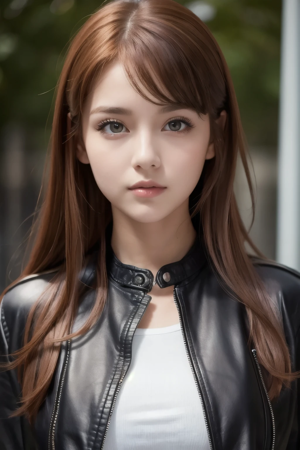 best quality , Masterpiece, ( realistic: 1.2), 1 girl, slim girls, Red Hair, brown eyes, Front , detailed face, beautiful eyes, brown eyes, big eyes, small breasts, Cleevidge , black leather jacket,cool girl,cool pose