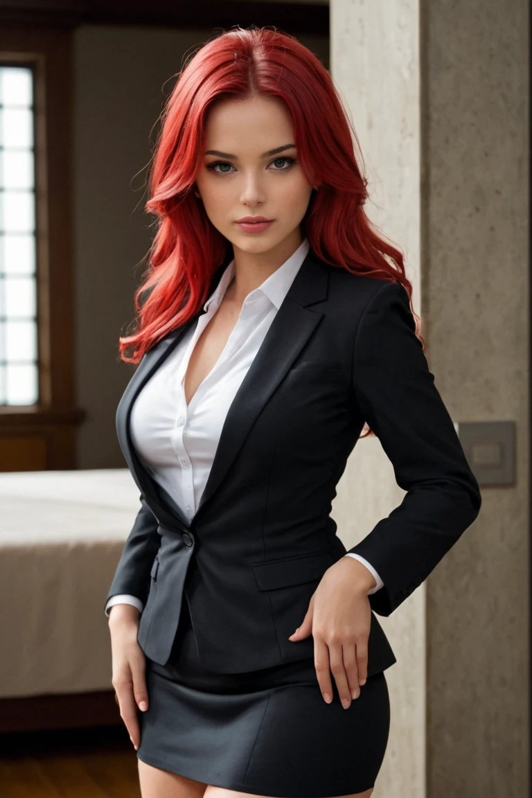 ((masterpiece, best)), (1girl), (young adult woman), light red hair, seductress, flared, (office lady), bangs, big breasts, glasses lady, (full), slim, smile, [wide hips], office, standing, realistic, sexy seduction, (V-Neck suit)