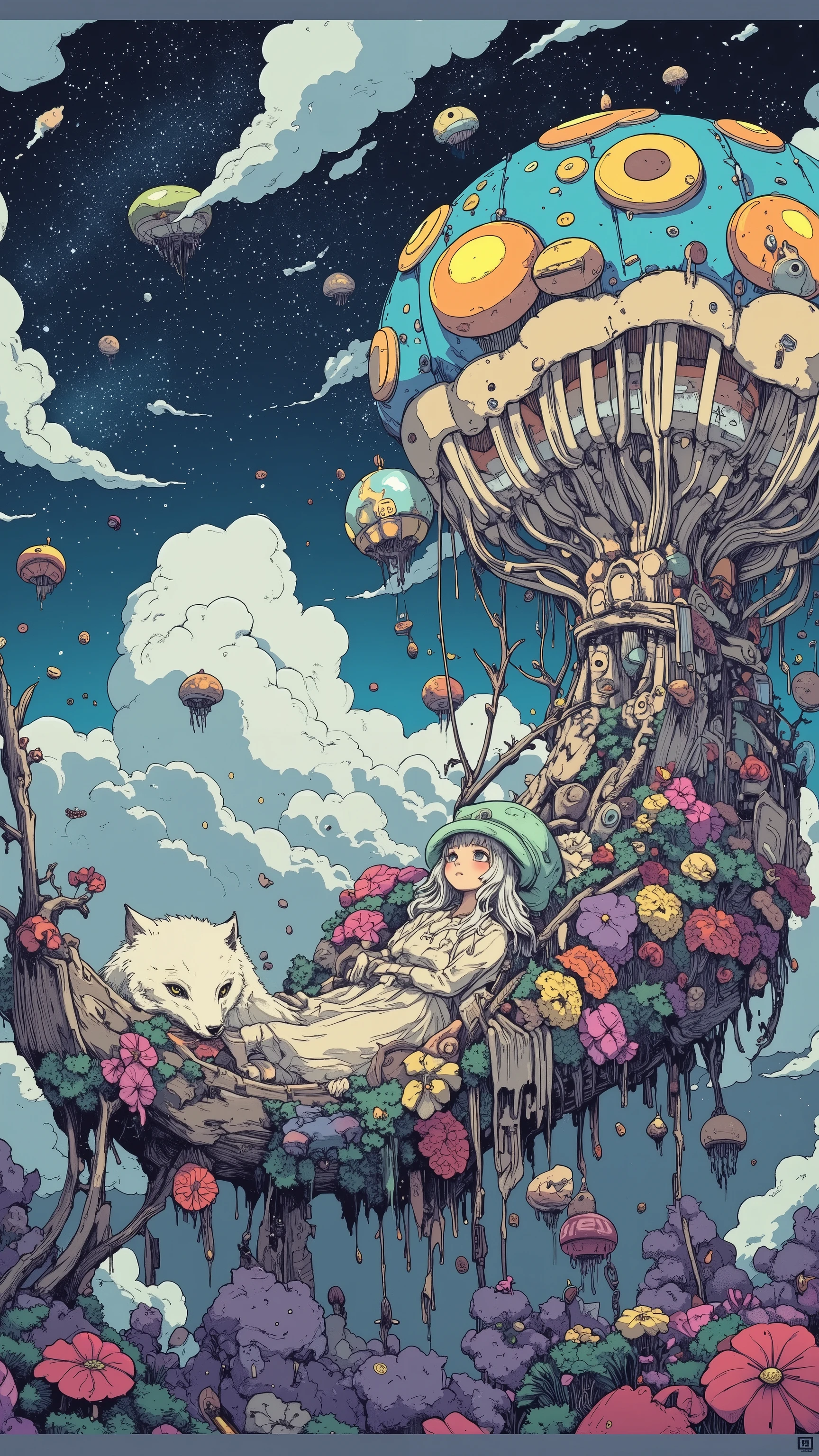 fantasy，Vision，There is a rainbow jellyfish ship in the clouds，jellyfish umbrella cover（It is 5 meters long），The oar is a boat made of whale ribs，cabin，Provides oxygen and light blue lighting，floating island composed of antler corals，covered with purple moss， girl（21 years old，silver-white curls，  long hair，gentleman hat with a mint green head，cream long dress，off-white canvas shoes）Lying in a sea of flowers，Looking up，The night sky is low，The stars are within reach，Shooting stars frequently streak across the sea like fireworks。, the soft sound of the wind coming from my ears intertwined with the rustling of the flowers swaying。I've always been snuggling up with a snow fox