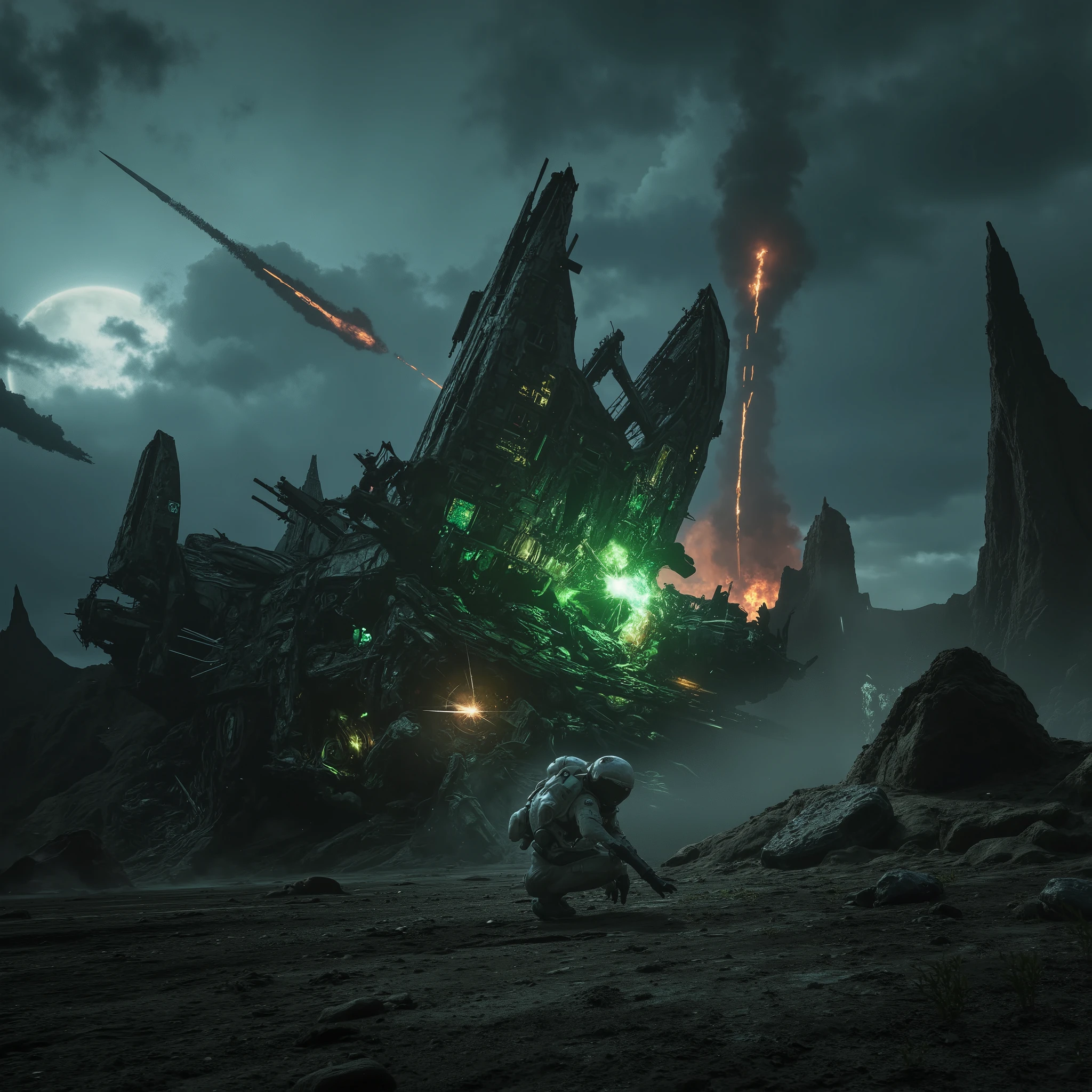 Masterpiece apocalyptic sci-fi photo, photorealistic low angle view of a splintered wreck of a bizarre alien starship crashed down onto a dark barren alien planet and broken into a chaos of menacingly towering metal scrap on a sharp-edged rocky ridge under a stormy nightsky, crumbled metal structures with intricate technical patterns, some green flames and electric sparks between the ruins of the ship next to a ((huge explosion)), thick clouds of black smoke rising out of the wreck, some parts of the wreck are still plunging through the sky with long stripes of flames and smoke behind them like meteors. Some parts of the ship are burning up in the atmosphere. A desperate and injured astronaut in a closed spacesuit and helmet crouches on the ground, head hanging down. ((((highly detailed)))), UHD, 16K