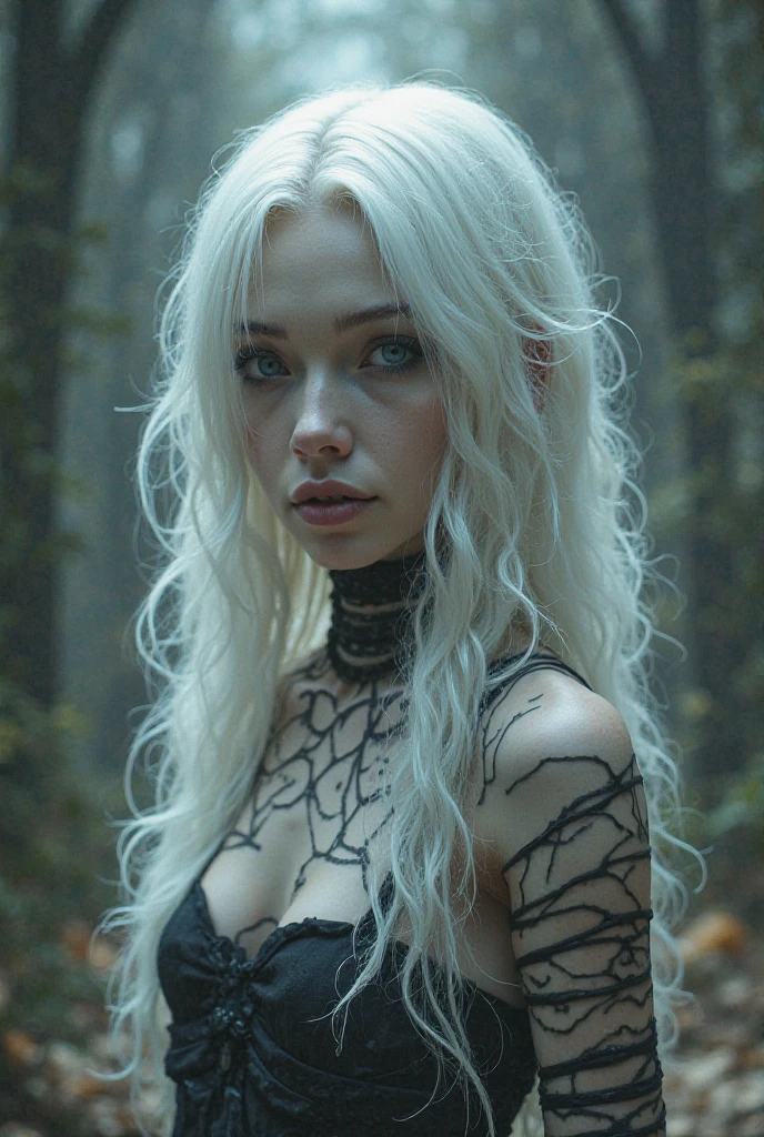 A girl with platinum blonde hair wearing a black and white mini dress, with a necklace containing magical energy around her neck and a green spider lily tattoo on the back of her left hand.