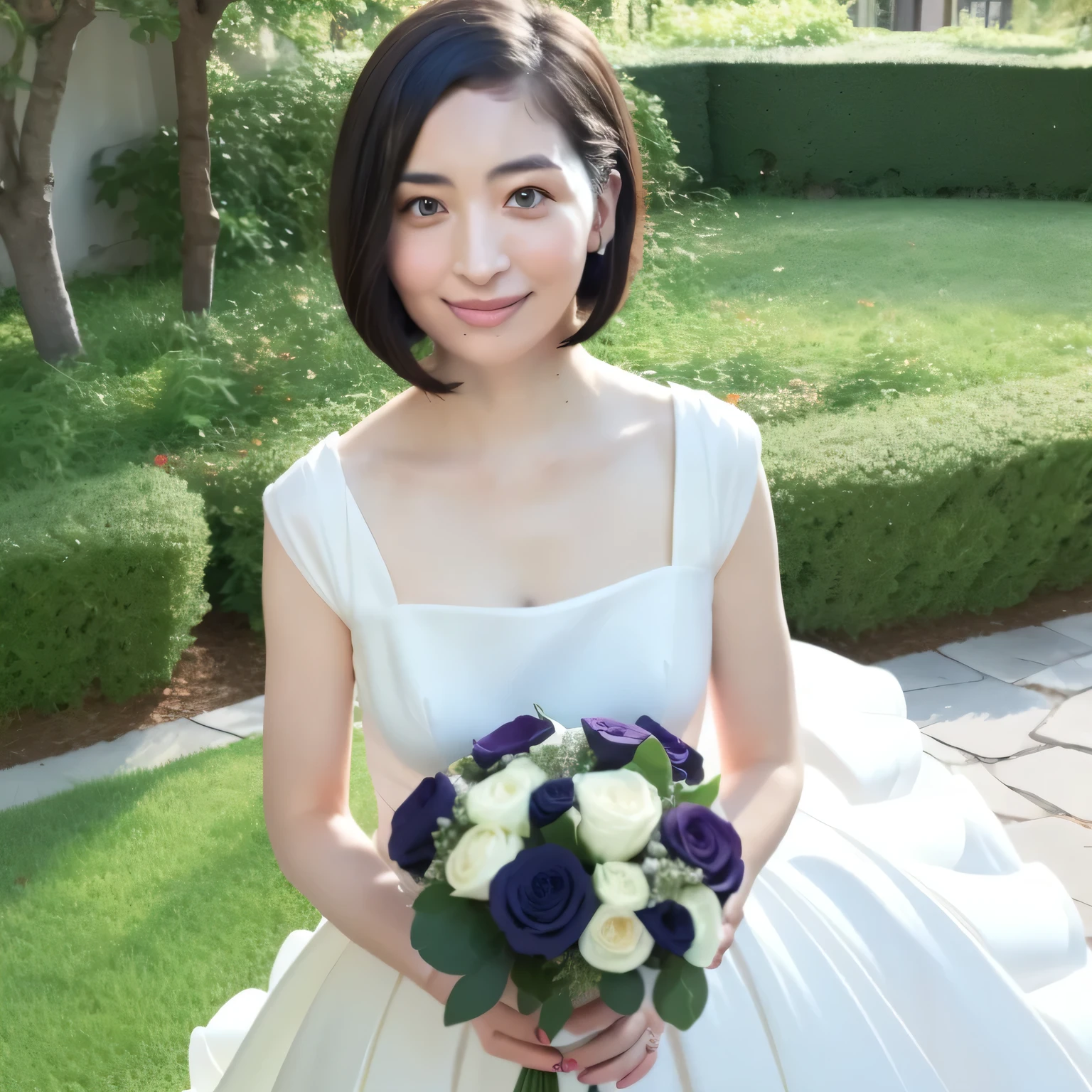A breathtakingly beautiful 20-year-old woman stands in the courtyard of a luxurious mansion beneath a clear blue sky. She wears a white and blue wedding dress, holding a red bouquet gracefully in front of her chest. Her radiant smile and joyful expression exude pure happiness. Dark hair, bob haircut, dark eyes.