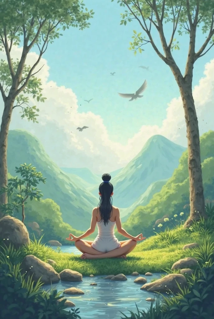 generate a person meditating on an ancient mountain next to a table with books and an ancient candle with a cat and in front there is a waterfall and brown birds flying with dry trees on one side and mature trees on the other