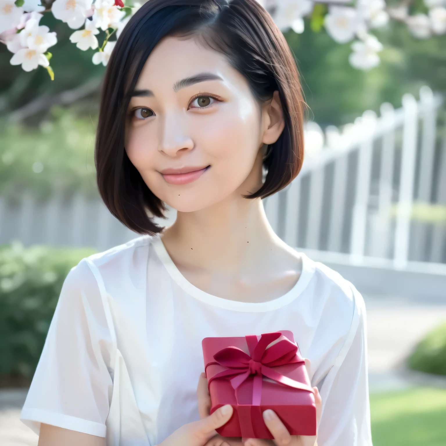 A breathtakingly beautiful 20-year-old woman stands in a lush park filled with cherry blossoms in full bloom beneath a clear blue sky. She wears a classic sailor uniform and gently holds a small, neatly wrapped gift box adorned with a red ribbon. Her radiant smile and joyful expression convey heartfelt happiness. Dark hair, bob haircut, dark eyes.