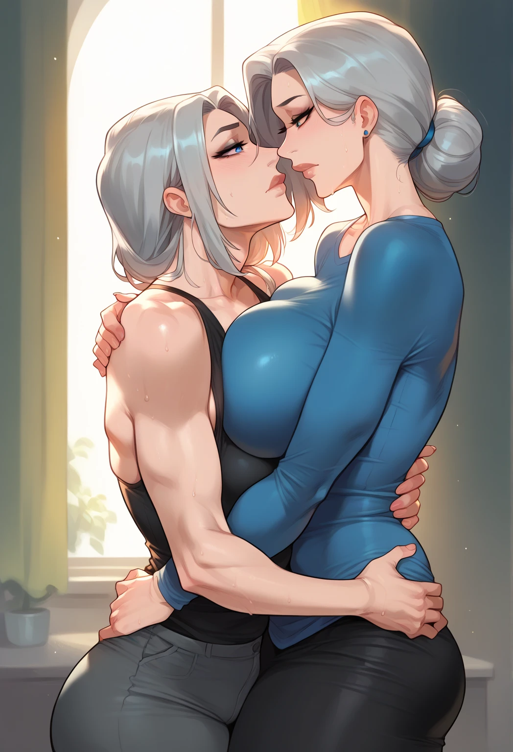 ,2girls,cute , muscular female, alternate muscle size,,muscular ,bed,biceps,doll,complex pattern,,muscular thighs,smile
