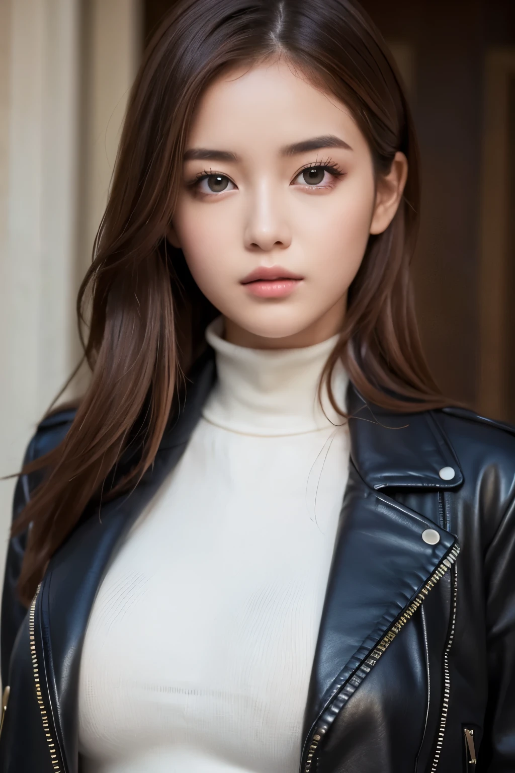 best quality , Masterpiece, ( realistic: 1.2), 1 girl, slim girls, Red Hair, brown eyes, Front , detailed face, beautiful eyes, brown eyes, big eyes, small breasts, Cleevidge , black leather jacket,Turtleneck, cool girl,cool pose