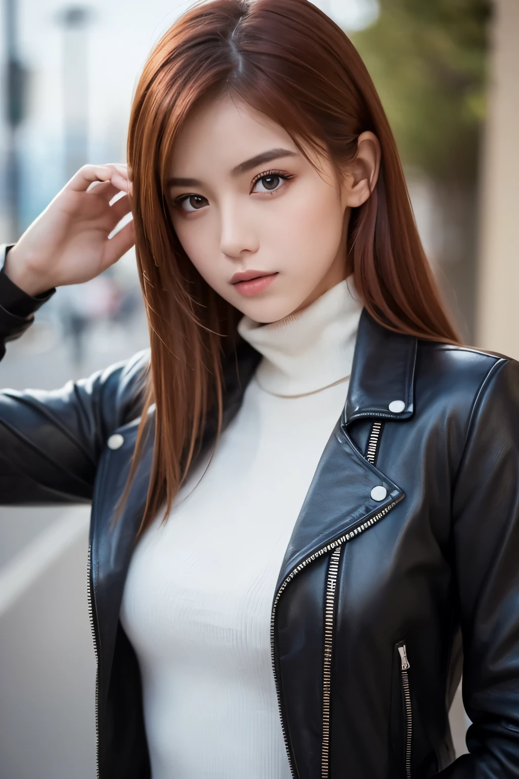 best quality , Masterpiece, ( realistic: 1.2), 1 girl, slim girls, Red Hair, brown eyes, Front , detailed face, beautiful eyes, brown eyes, big eyes, small breasts, Cleevidge , black leather jacket,Turtleneck, cool girl,cool pose