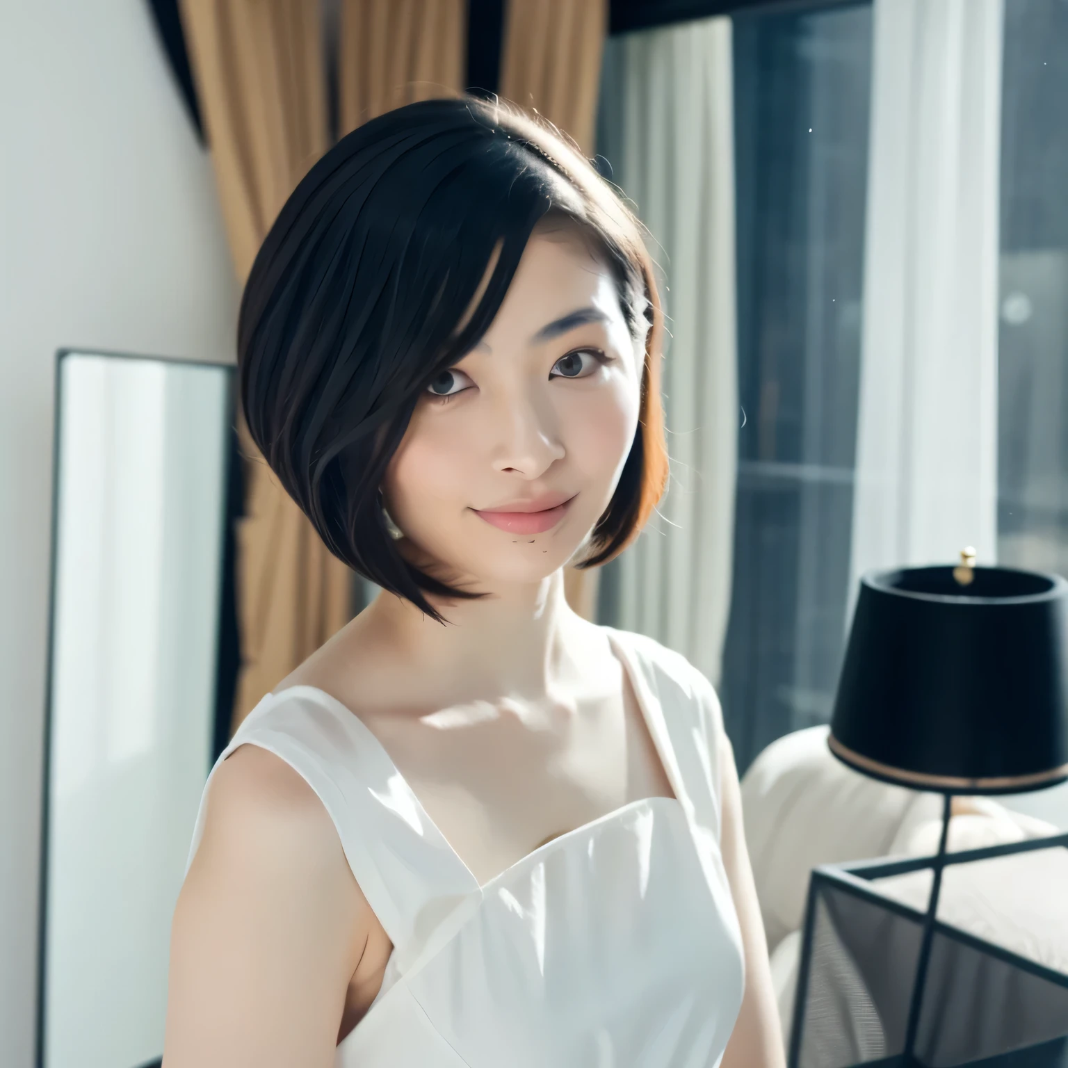 A breathtakingly beautiful 20-year-old woman stands in an opulent mansion room, dressed in a classic black-and-white maid outfit with a short hem and a white brim cap. Her confident smile radiates warmth. The room features elegant furnishings and decor befitting a grand estate, bathed in soft, natural lighting that enhances the sophisticated ambiance. Dark hair, bob haircut, dark eyes.