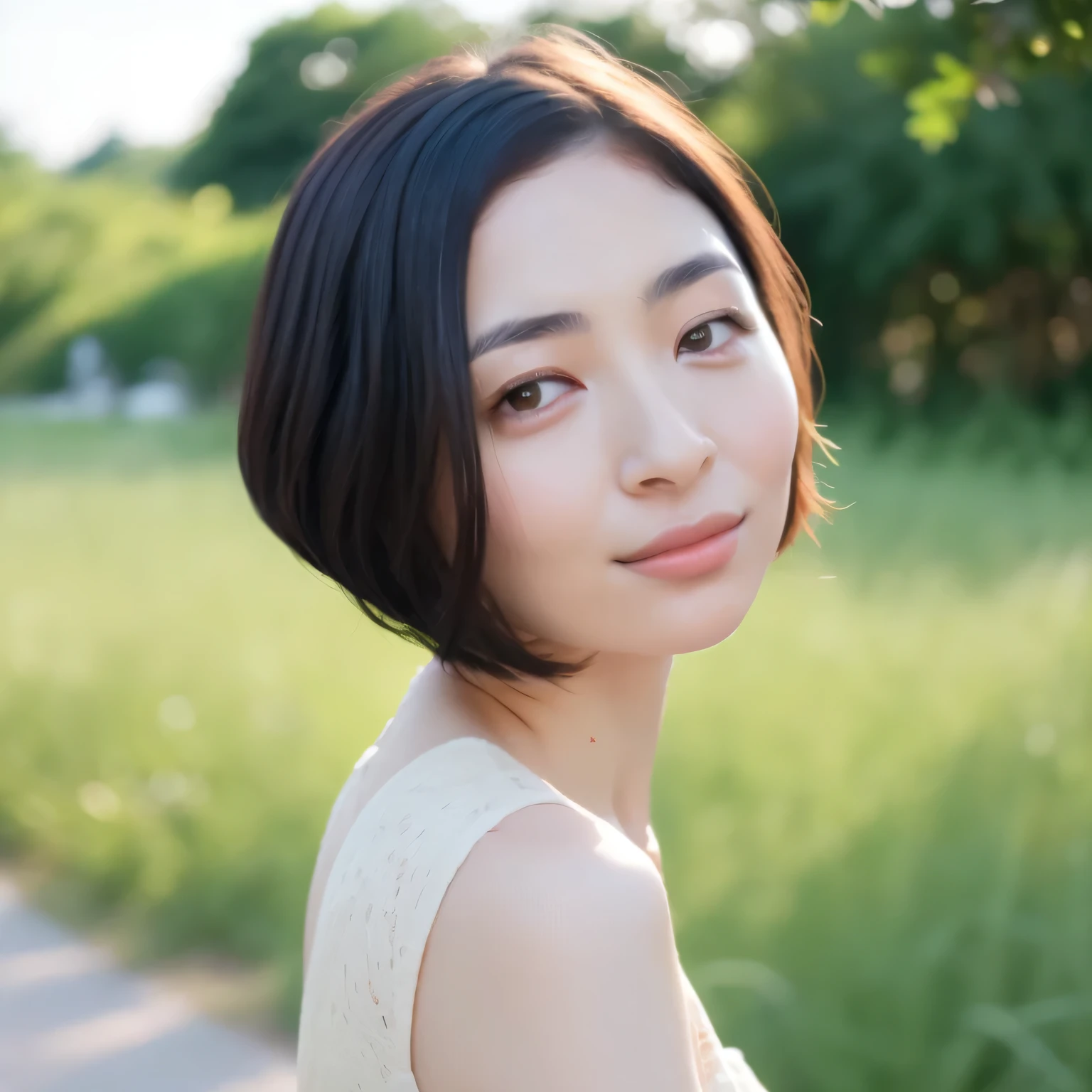 A breathtakingly beautiful 20-year-old woman stands in a lush green park at sunset, bathed in the warm golden light of the evening sun. Facing forward, her eyes gently closed, cheeks slightly flushed, and her face tilted upward as if anticipating a kiss, she embodies serenity and romance. The soft hues of the sunset complement the tranquil surroundings, enriching the dreamy atmosphere. Dark hair, bob haircut, dark eyes.