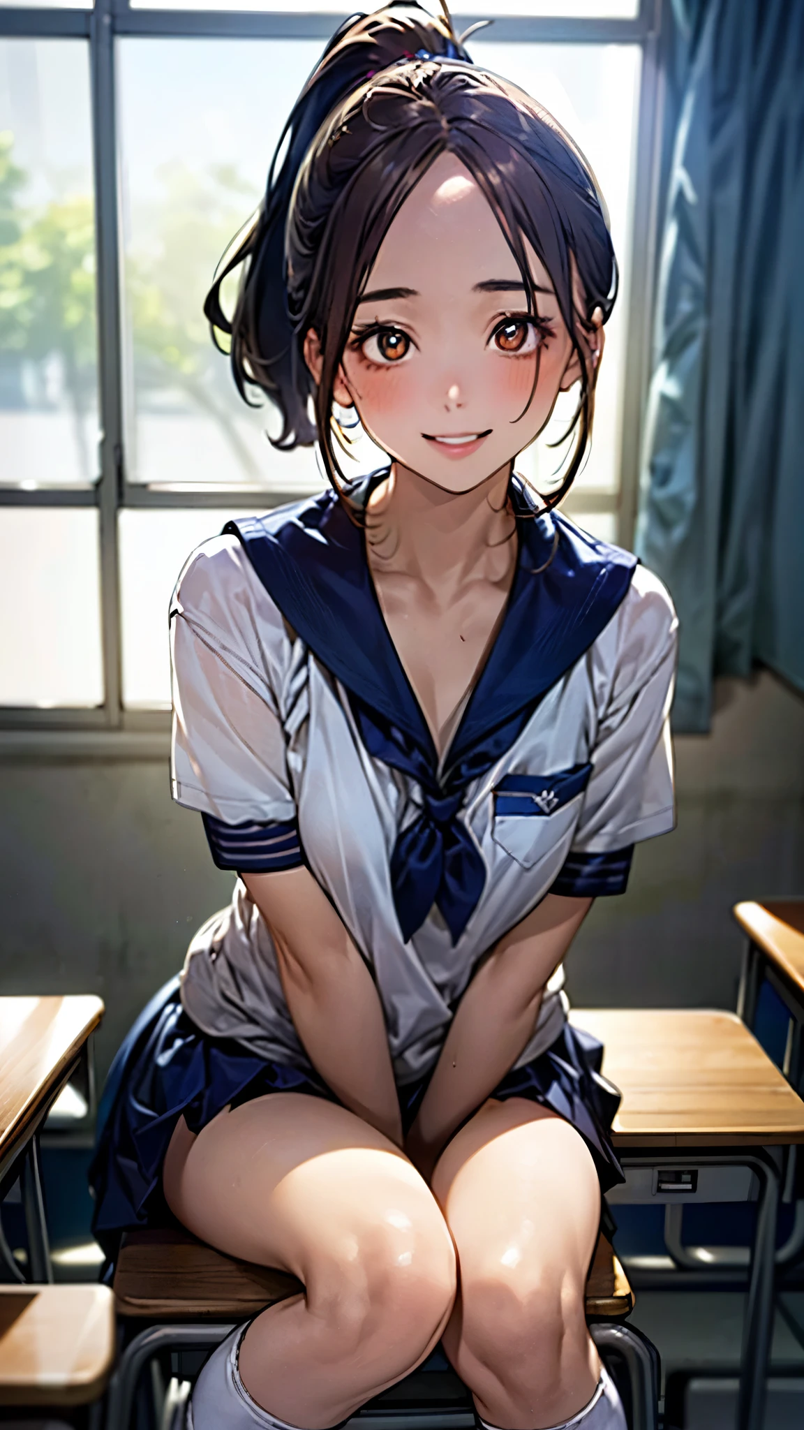(masterpiece:1.3, top-quality, ultra high res, ultra detailed), (realistic, photorealistic:1.3), beautiful illustration, perfect lighting, natural lighting, colorful, depth of fields, 2025s, ,
beautiful detailed hair, beautiful detailed face, beautiful detailed eyes, (perfect anatomy, anatomically correct, super detailed skin), shiny skin,
looking at viewer, (face focus, upper body), 1 girl, high school girl, cute and symmetrical face, perfect face, perfect eyes, perfect body, perfect fingers, five fingers, face, cute face:1.2, tiny,
(short hair, ponytail, light brown hair), (hair pulled back:1.5, forehead), brown eyes, big eyes, long eye lasher, (medium breasts, seductive thighs), slender, skin dentation,
(detailed cloth texture), break ((short sleeve sailor uniform, , navy blue sailor collar:1.2, navy blue buruma:1.2)), break ((dark blue sailor scarf)), break (navy socks),
(beautiful scenery), spring/(seasons/), evening, detailed background, (school classroom:1.5, white wall, white curtains), sitting, (pose with movement), (lovely smile, upper eyes, parted lips),