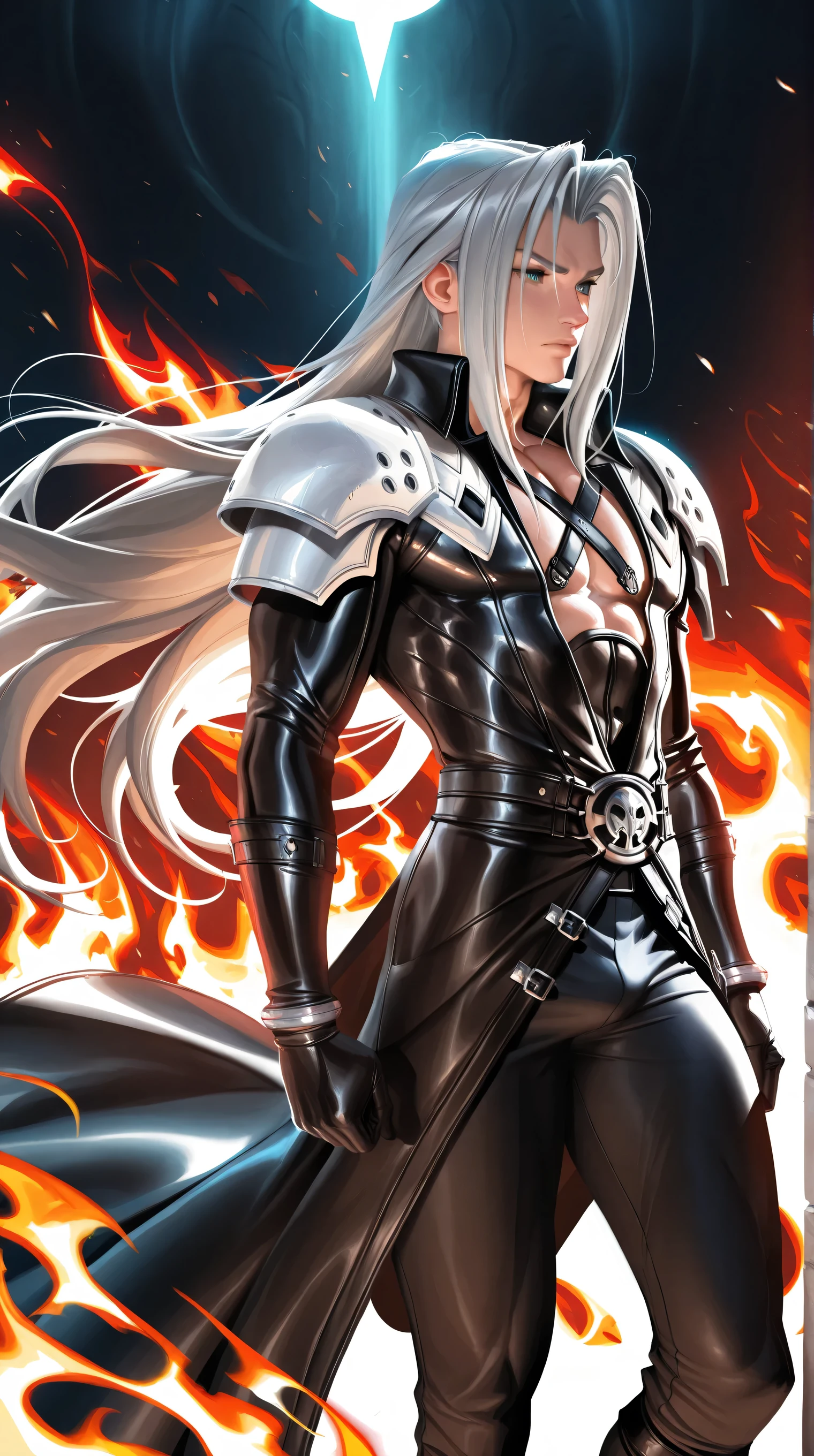 (TangoBat:0.7),(Sakimichan:0.7), 1boy,male, Sephiroth final fantasy, long hair, Silver hair, long black jacket, black pants, armor, shoulder pads, background of flames, wallpaper, extremely detailed, masterpiece, best quality,absurdres
