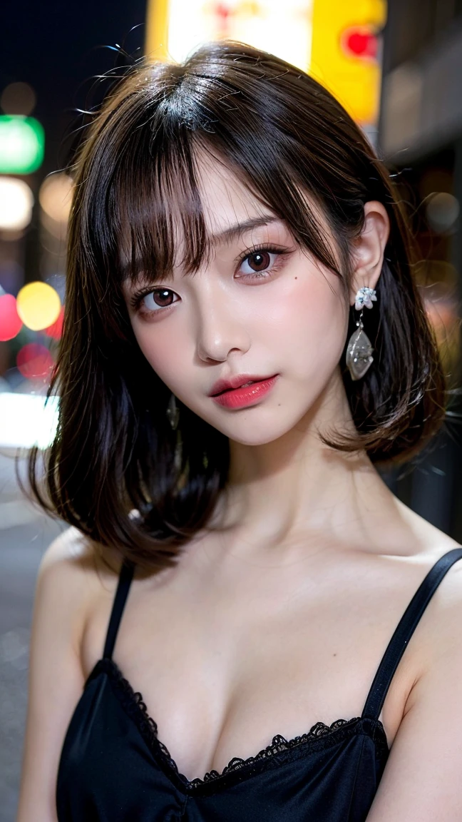 Tabletop, highest quality, shape, Very detailed, finely, High resolution, 8k wallpaper, Perfect dynamic shape, Finely beautiful eyes, one piece,Medium Hair,Natural color lip, smile,21 years old、cute、Looking into the camera、F cup、Brown Hair、Blurred night New York background,Earrings,(Pin-Curls),model posing,