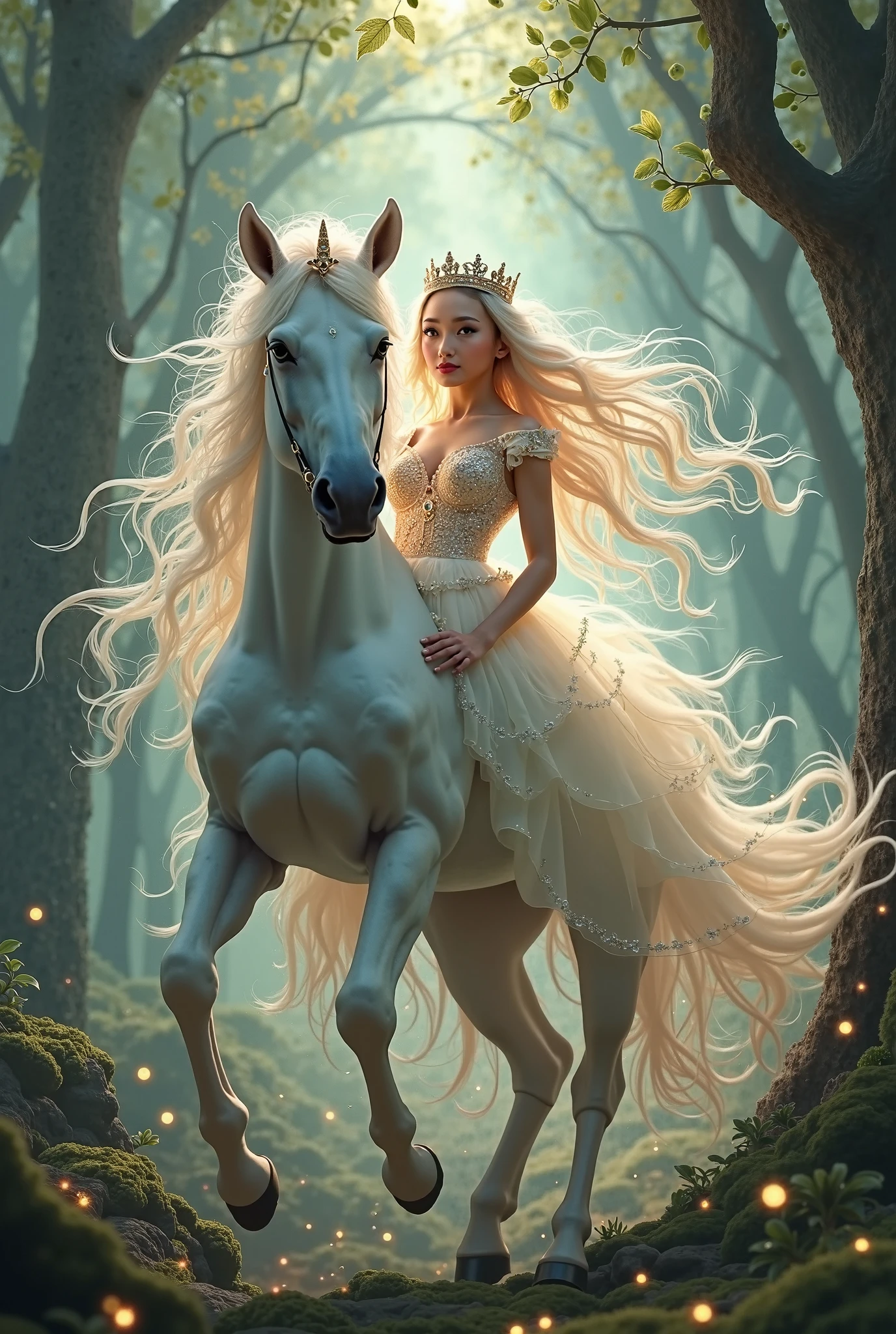 Craft an unparalleled 32K UHD photograph, a masterpiece set in a mesmerizing fantasy realm. Central to this domain, a 19-year-old girl exudes an ethereal grace. Her hair, a cascade of soft silver, shimmers like woven moonbeams, contrasting with her royal grace, she is riding a unicorn, which hint at her enigmatic heritage. her fancy cloth a testament to her dual existence, merging flawlessly with her captivating allure. beside Her , pale and finely detailed, tell a silent tale of her demonic ancestry; each line and curve is a subtle echo of her ancient lineage. on her shoulder, a majestic Griffin stands, its presence both noble and mysterious. Their bond is palpable, a blend of innocence and ancient mysticism. The scene is awash in a sublime natural light, which not only illuminates but also transcends the surreal elements of this otherworldly setting. The light plays through her hair, accentuates the dramatic curve of her hair, and bathes her Griffin companion in a noble radiance, against a backdrop vibrant and ethereal. This composition masterfully balances light and shadow, lending depth and a tangible texture to every element. This photograph transcends mere visual appeal; it's an odyssey into a realm where reality and fantasy merge. The viewer is not just an observer but is drawn into a world where beauty, mystery, and joy intertwine, embodied by this wizard girl and her mythical Griffin. It captures not just a moment, but the very essence of their otherworldly existence, frozen in time. in style of P14n03l3g4nt3b0n3