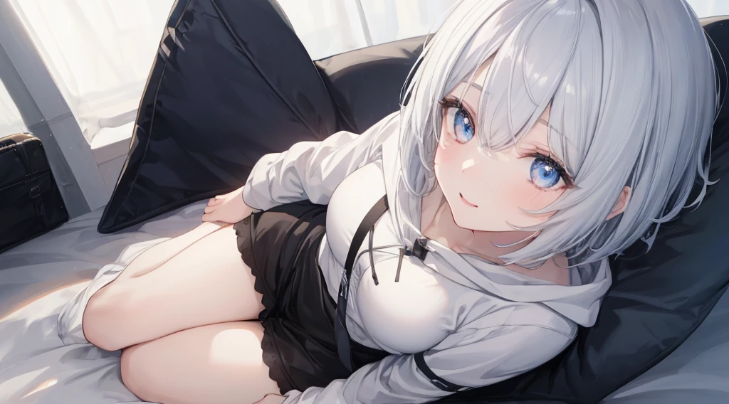 Woman, white hair, she's tied up in bed, happy, in room, high details, 4K