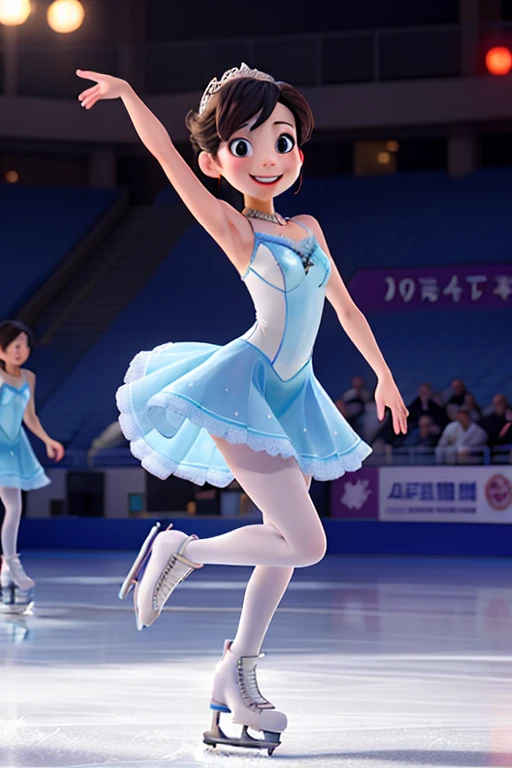 crystallthings, glass figurine, crystal, Girl dancing, dancing clothes, dance outfit, light smile, obi, simple background, smile, solo, hair bun