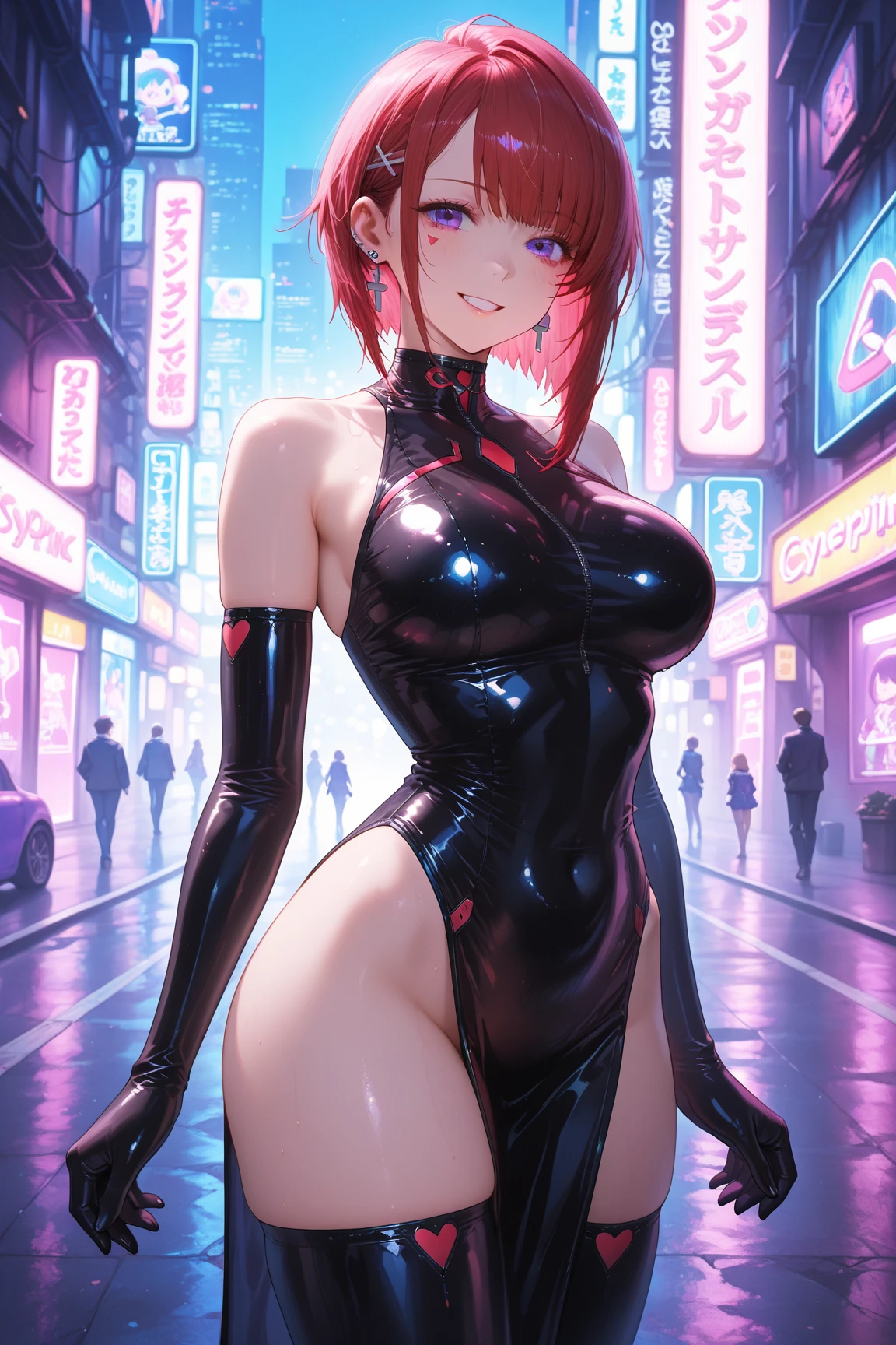 1girl, (solo:1.2), curvy, (masterpiece:1.2), (best quality:1.2), (perfect anatomy:1.4), (standing:1.4), (confident:1.2), smile, (large breasts:1.4), (cowboy shot:1.2),, lilith aensland, short hair, purple hair, small breasts, demon wings, head wings, red eyes, succubus, red leoatard, bat print, pantyhose, elbow sleeves, succubus, bare shoulders, (city center:1.3), (tokyo:1.2), highrise buildings, daylight, on the street, cars,, modeseven, (super curvy:1.3), comic style, (vibrant colors:1.2), (huge breasts:1.1)