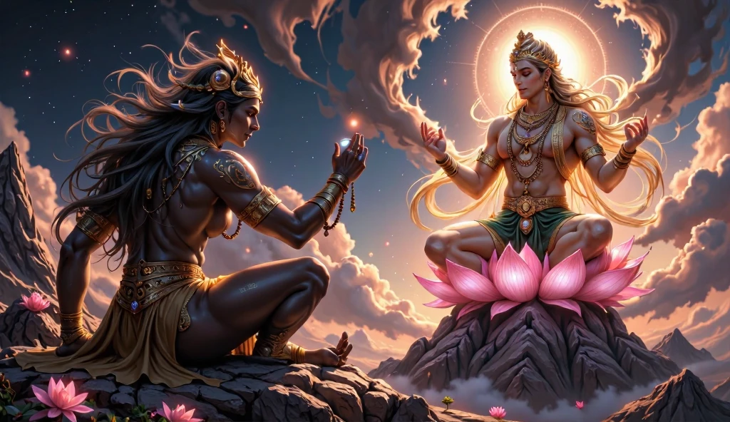 Lord shiva placing rhe head of a dead elephant on the lord ganesha