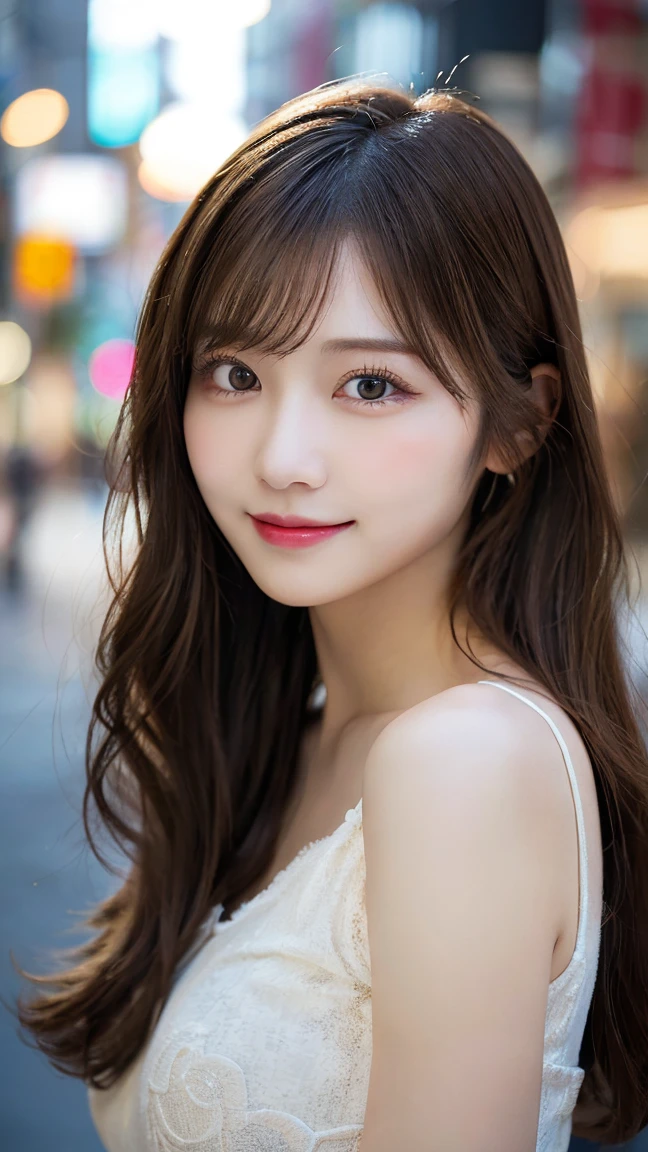 Tabletop, Highest quality, figure, Super detailed, In detail, High resolution, 8k wallpaper, Perfect dynamic composition, Beautiful attention to detail, Autumn fashion for women,Wavy Hair,Huge boobs、Natural color lip, Bold sexy pose,smile,Harajuku、20-year-old girl、cute、sexy shot looking at camera、Close-up of face