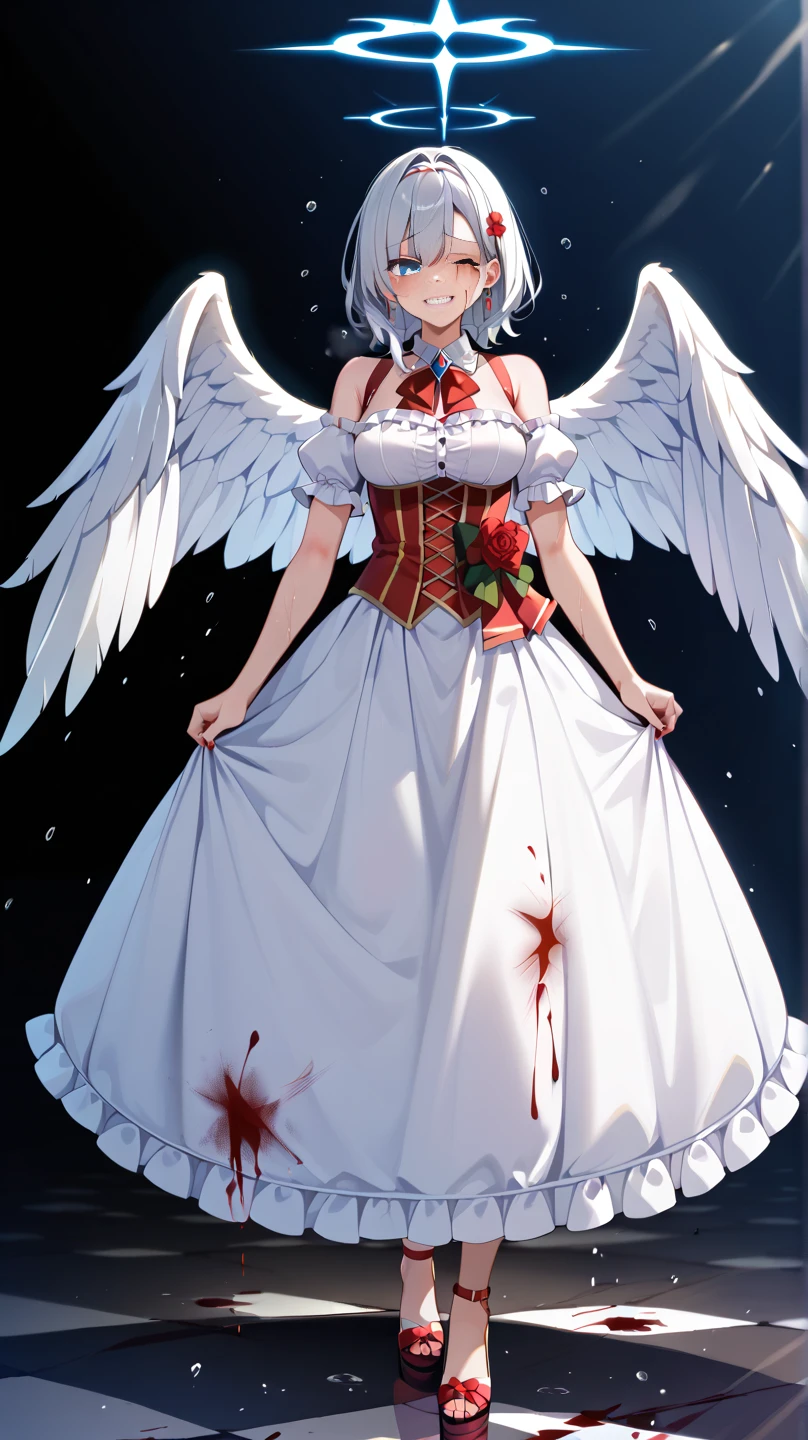 ((Nsfw, Vulgar)),wet-on-wet oil painting depicting a dark angel, a semi-realistic full body portrait, blood on the angel face,, red eyes, gorgeous painting, breathtaking, semirealistic, beautiful colors, evil, beautiful red eyes, detailed textures, massive black angels wings, dark feathers, blood, white hair, evil grin, evil smile