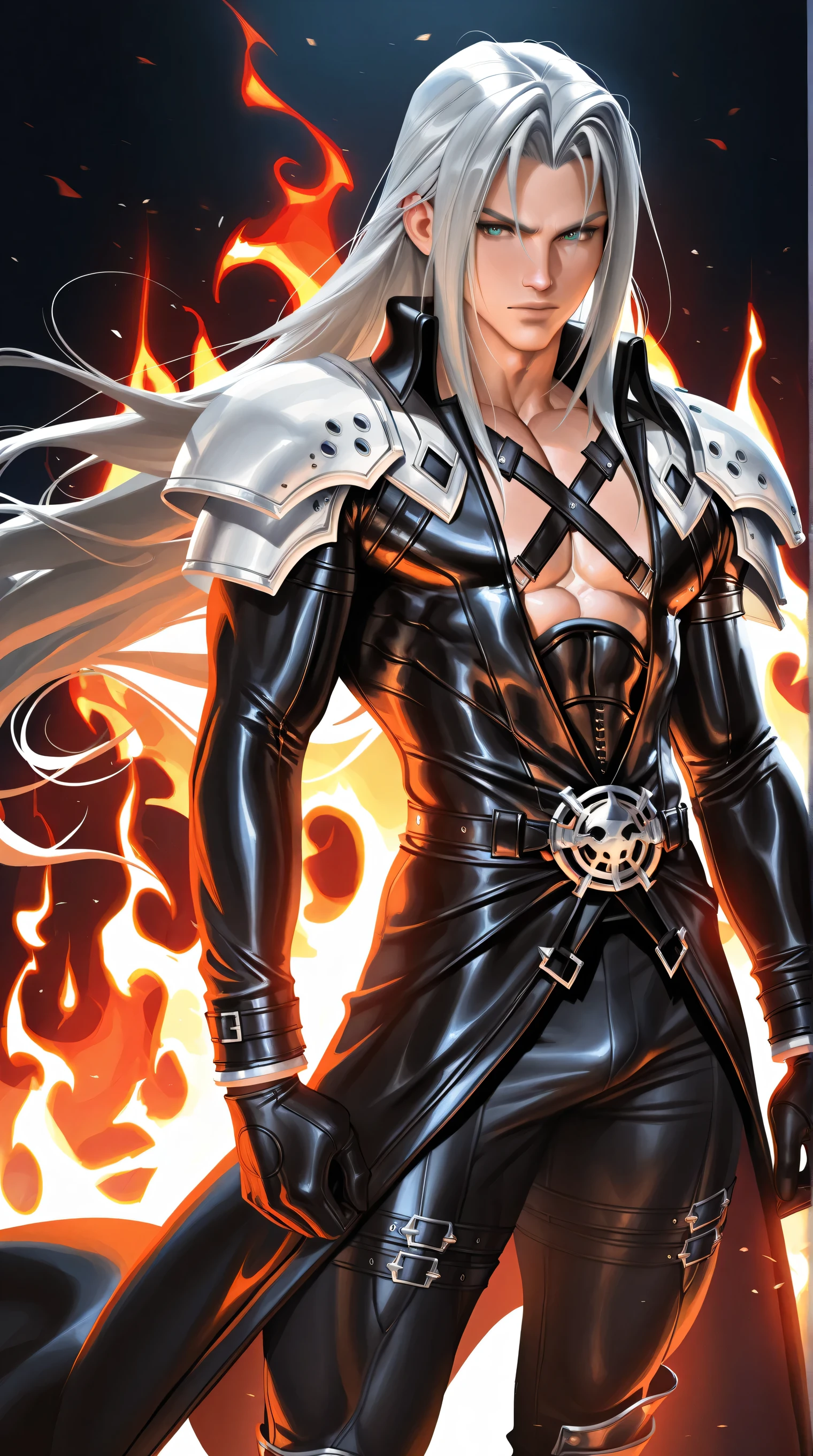 (TangoBat:0.7),(Sakimichan:0.7), 1boy,male, Sephiroth final fantasy, long hair, Silver hair, long black jacket, black pants, armor, shoulder pads, background of flames, wallpaper, extremely detailed, masterpiece, best quality,absurdres