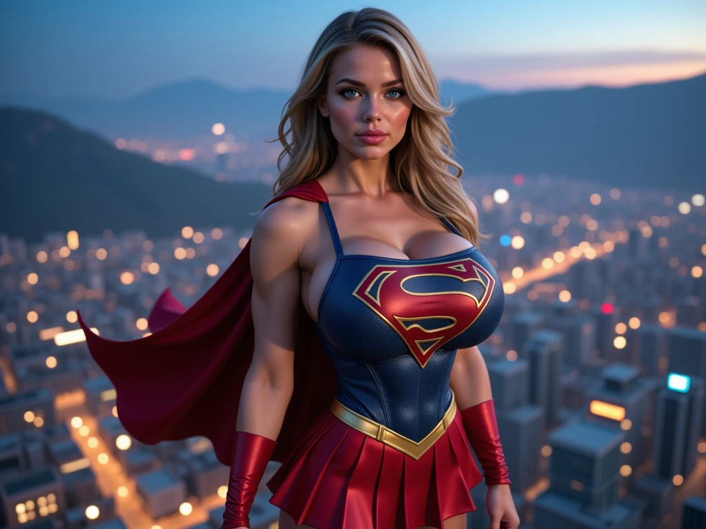 Supergirl, 27 years old, full body shot, Beautiful woman (((shoulder length wavy honey blonde hair, hair pulled back both sides with bangs))) defined body, Red lipstick, smiling, hands free, standing, ((( short sleeve, sparkling blue and red leotard, flowing red cape, red pleated skirt of Supergirl))), rooftop city night, (huge_breasts:1.3) (curvy:1.2)