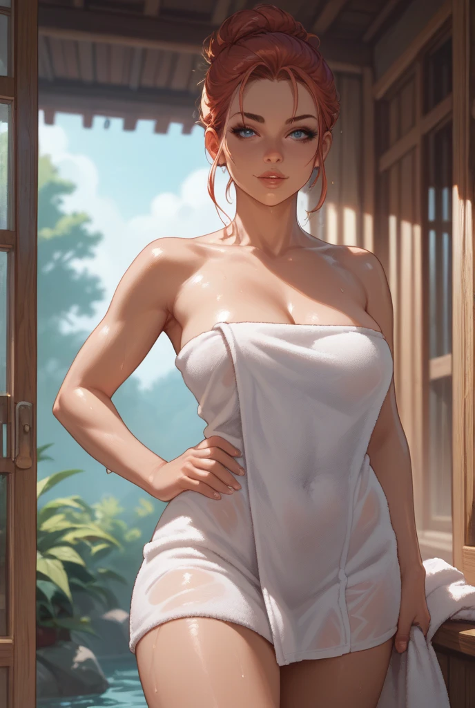 best quality,4k,8k,highres,masterpiece:1.2),ultra-detailed,(realistic,photorealistic,photo-realistic:1.37),nami, standing, orange hair, just came out of shower and her body is wet and she is covering her body with a white towel