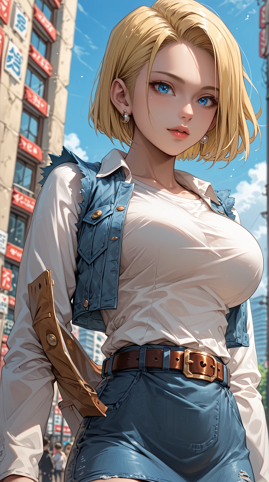 maryms, Best quality,(Beauty), 1girll,physically-based renderingt ,超高分辨率,(Cowboy shot:1.5),Narrow waist, Skinny, LeonaMS , Big blue eyes,Long legs,Jeans,Leather belt,Big breasts,Puffy eyes, Leather belt,(rainy city), Shiny skin, facingviewer, excited to fight