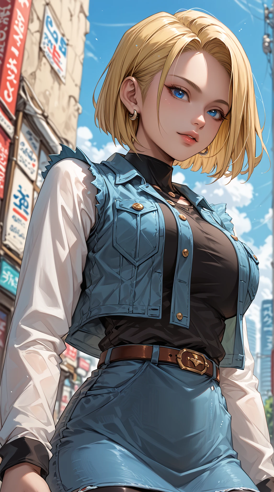 best quality, high-res, and18, 1girl, android 18, solo, blonde hair, blue eyes, belt, blue demin bodycon micro skirt, gold necklace, black shirt, short hair, long sleeves, white striped sleeves, earrings, open vest, blue denim vest, large breasts, cowboy shot, forest, straight-on, (weather: windy), combat stance, full length pantyhose, battle ruins, wide hips, shy smile, large breasts, wide hips