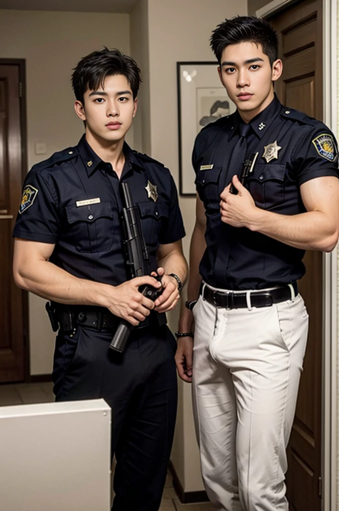 1 young handsome guy,20yr old,police officers,Interpol,hallways,The gun is handsome,musculous,hairy bodies,police uniforms(Fine eye 1:3),Black eyes,full bodyesbian