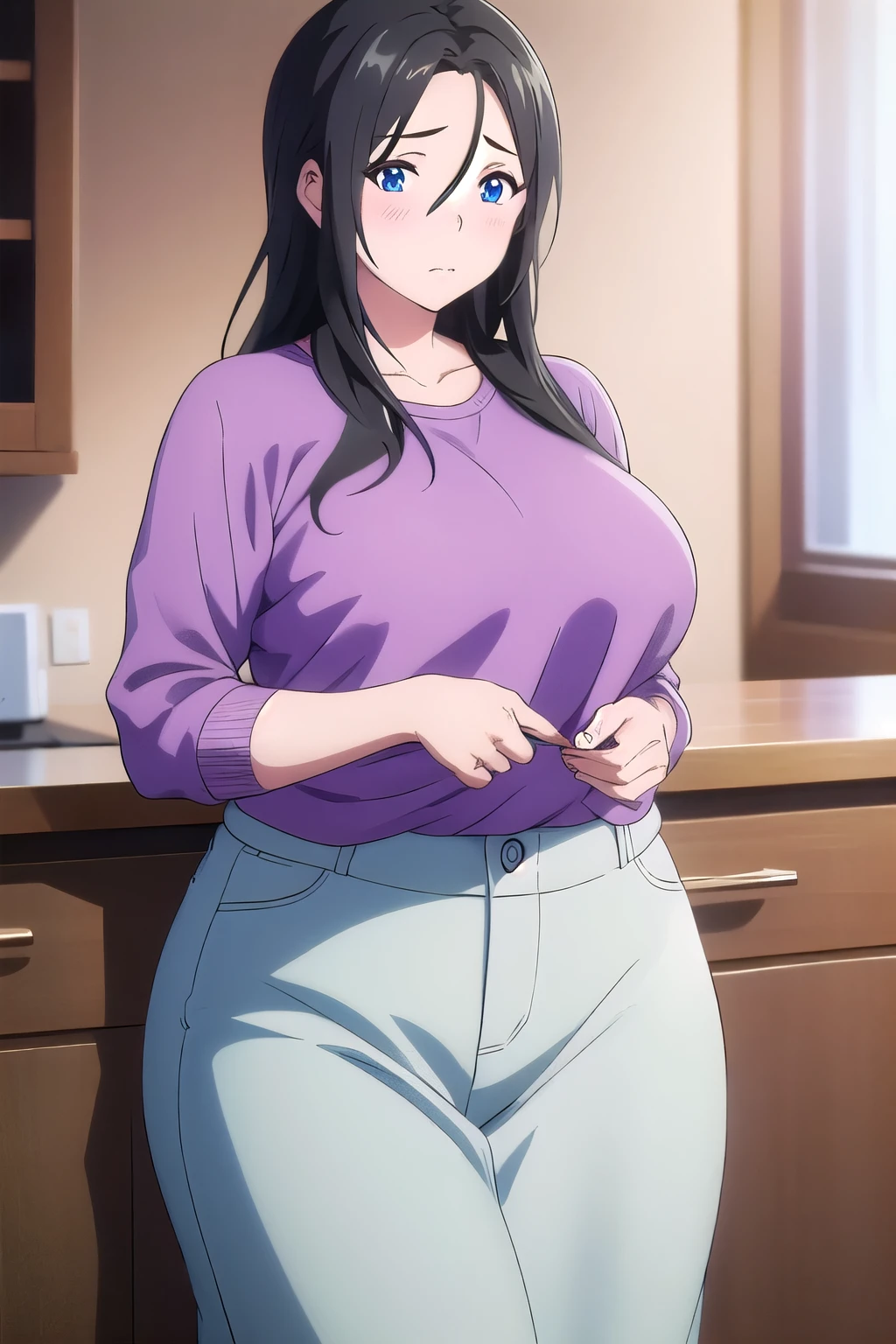 masterpiece, (best quality), 1woman,1girl ,haruhiko_ichijou_mother, black hair, long hair, (blue eyes),casual clothes, (skirt), hair between eyes, long sleeves,closed clothes, embarrassed,blush, , vibrant colors ,natural lighting ,RTX, , beautiful, (detailed face:1.2), showcase, (perfect eyes:1.1) ,(photorealistic:1.1), 8k uhd, looking at viewer, indoors, simple backround, chubby, embarrassed, gained weight, overweight,