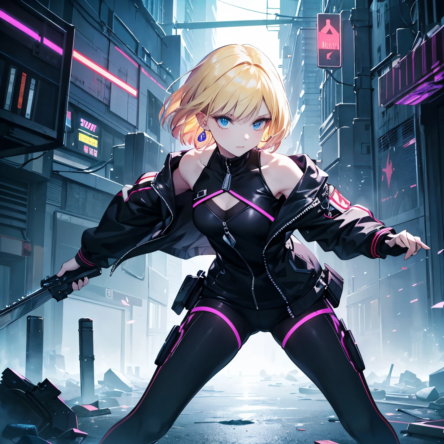 "A cyberpunk-inspired female character stands in a combat stance, holding a submachine gun, in a futuristic but ruined city. She has a blonde mash cut (((her hair is cut in a blond mash))) and black hoop earrings in both ears. The full-body black blouson reflects the cyber aesthetic. Her hair sways slightly with her subtle movements, and her body shows a realistic breathing effect with smooth chest movement and slight shoulder movement. The reflections of the shiny jacket and neon lights change dynamically with her movements, yet she maintains a cool and calm expression. The animation should have an anime-like aesthetic, with smooth and natural movements."
