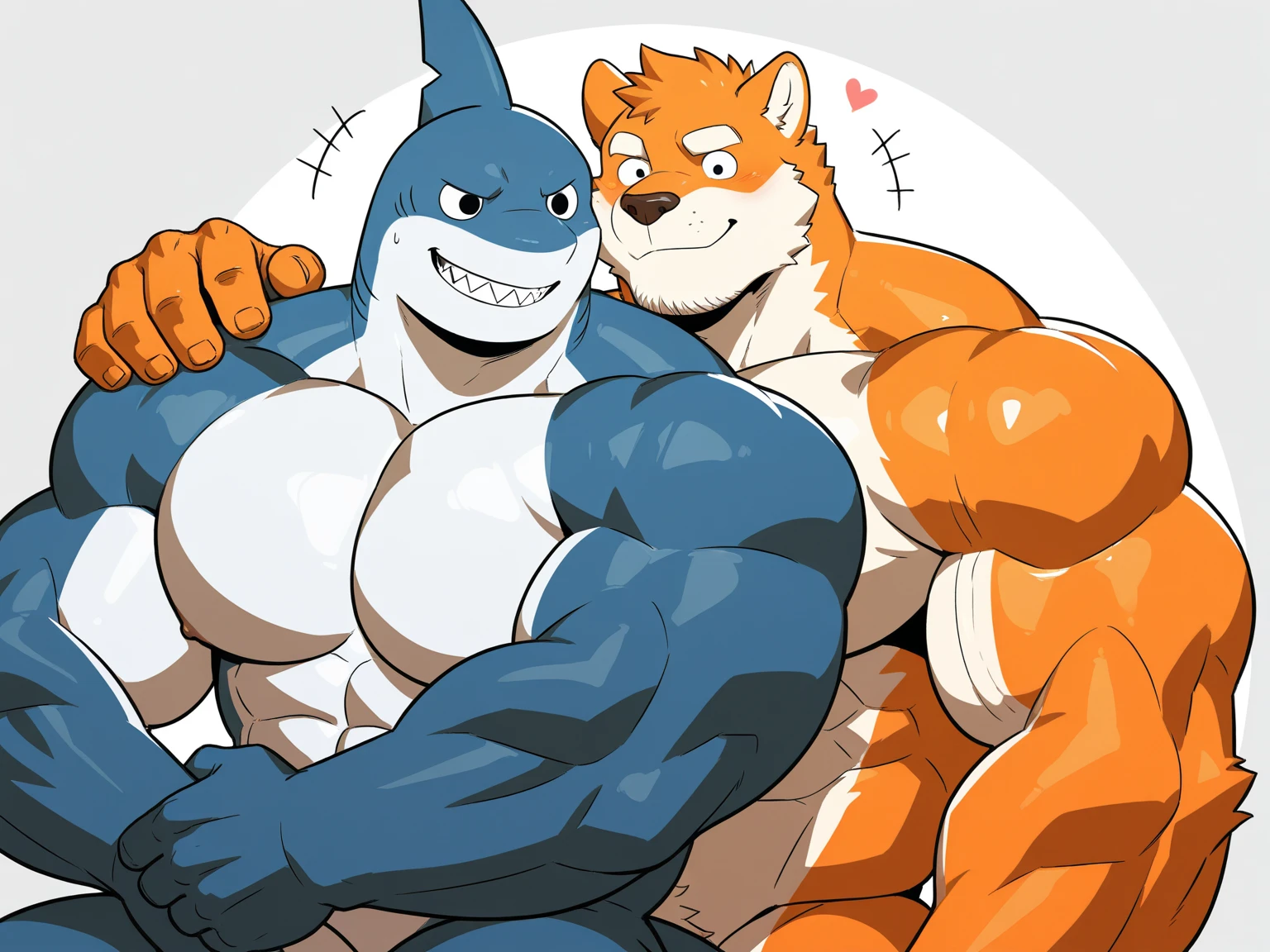 (New Jersey 5) anthro, White Tiger ,Chubby,Fat,Thick arms,) Rugged muscles,(((White skin))),Solitary,Chubby Face,Sky blue eyes,(sweat),(smirk:1.2),(Shark is sitting next to the other shark showing his feet pointing at them)
BREAK
(Another anthro Shark, Black, smirk),(no t-shirt),(swim trunks),(The other shark Sitting on the bed next to the shark showing their feet),(Bedroom night),(panorama:1.2),