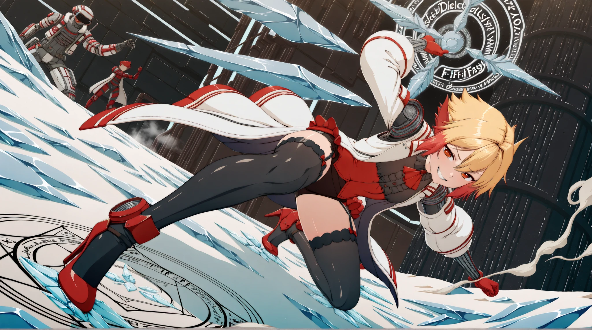 ((top quality)),( Ultra High Resolution ),(very well detailed),(Detailed Explanation),(( best CG )),(masterpiece),super detailed art,Amazing Painting Art,(Sci-fi fantasy art with delicate details:1.5), woman, beautiful and well-groomed face, ruffle blouse, Tight Mini, white coat, intellectual, Fearless Smile, garter stockings, high heels, Ice Blade, cold, A magic circle that emits intense light, smoke, Dynamic Action, dynamic angle, dynamic poses