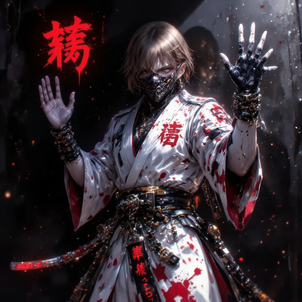 ((best quality)), ((masterpiece)), (detailed),create a white teenager with white hair dressed in a gray and black kimono wearing a black fox mask with red details armed with a small scythe with chains