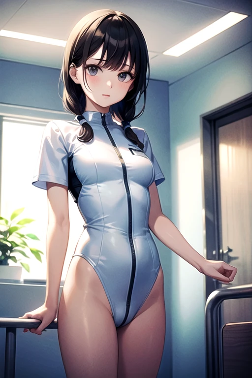 Spread legs、m-legs,Whole body、competition swim suit, onepiece swimsuit, Latex,、Bob Hair、red lipsticks、a miniskirt、Full smile、Lift the hem of the skirt、Hospital bed,irrumatio,