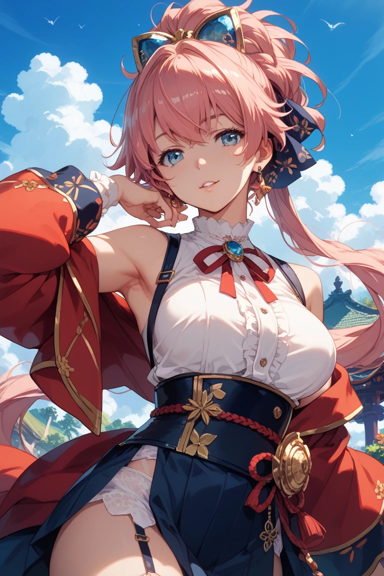 (masterpiece), best quality, expressive eyes, perfect face,1girl,yoimiyadef,collarbone, bracelet, high heels,blonde hair,cleavage,(red and gold strapless idol long dress:1.3),(bare shoulders),big breasts,cityscape,nightlights,dynamic angle,smiles,standing,head tilt,sexy pose,portrait close-up,(blue eyes:1.1),pink hair ribbon,bangles