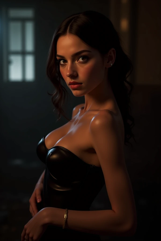 a woman with slender figure,extremely detailed face and body, beautiful detailed eyes, beautiful detailed lips, long eyelashes, very small firm breasts, provocative pose, cinematic dramatic lighting, high contrast, dark moody atmosphere, erotic, dominatrix, Beatrix Kiddo character, full body shot, close-up, hyper realistic, (best quality,8k,highres,masterpiece:1.2),ultra-detailed,(realistic,photorealistic,photo-realistic:1.37),dramatic cinematic lighting,dark moody atmosphere,erotic atmosphere,high contrast,chiaroscuro